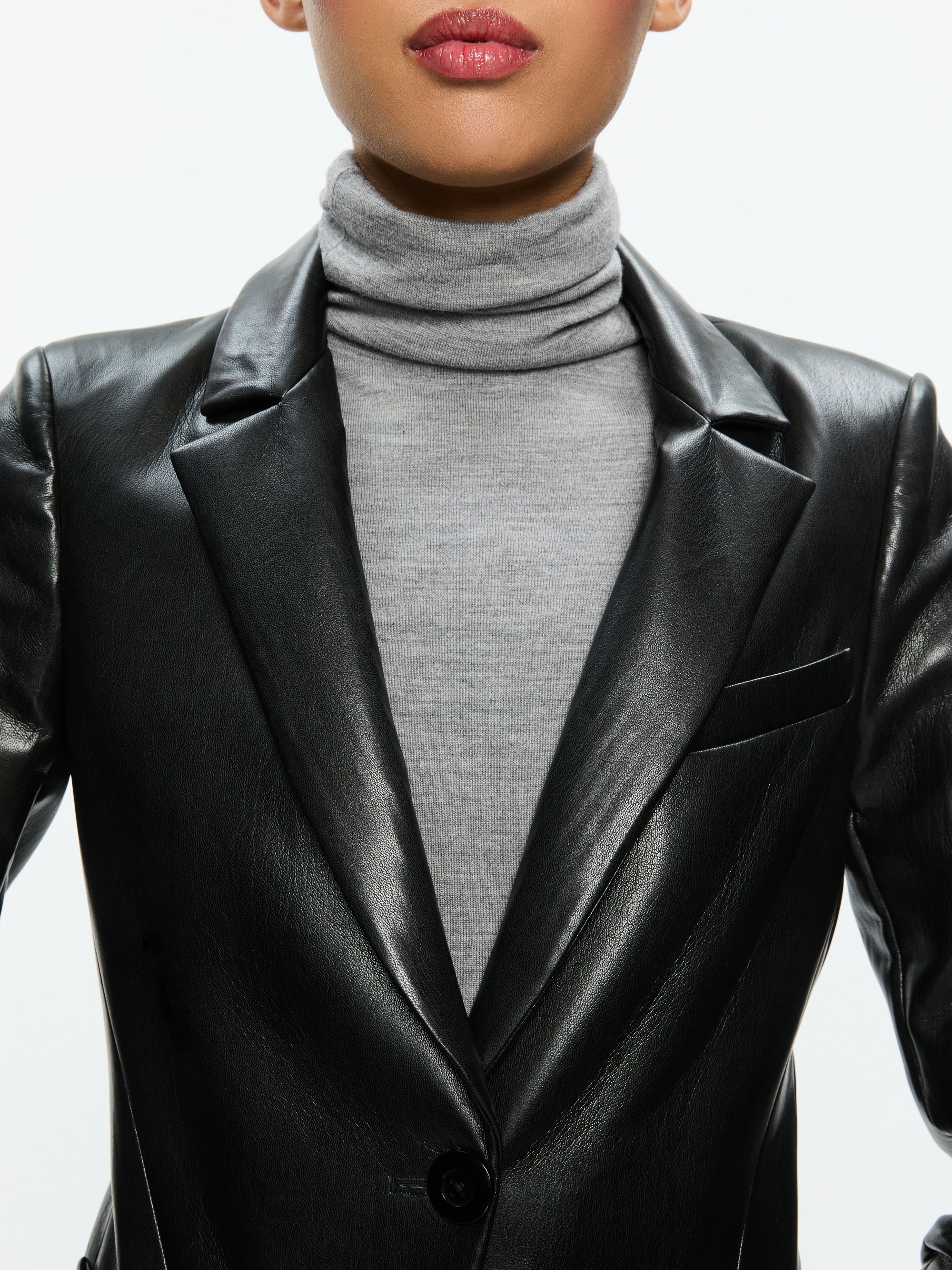 VINNIE RUCHED SLEEVE VEGAN LEATHER FITTED BLAZER - 5