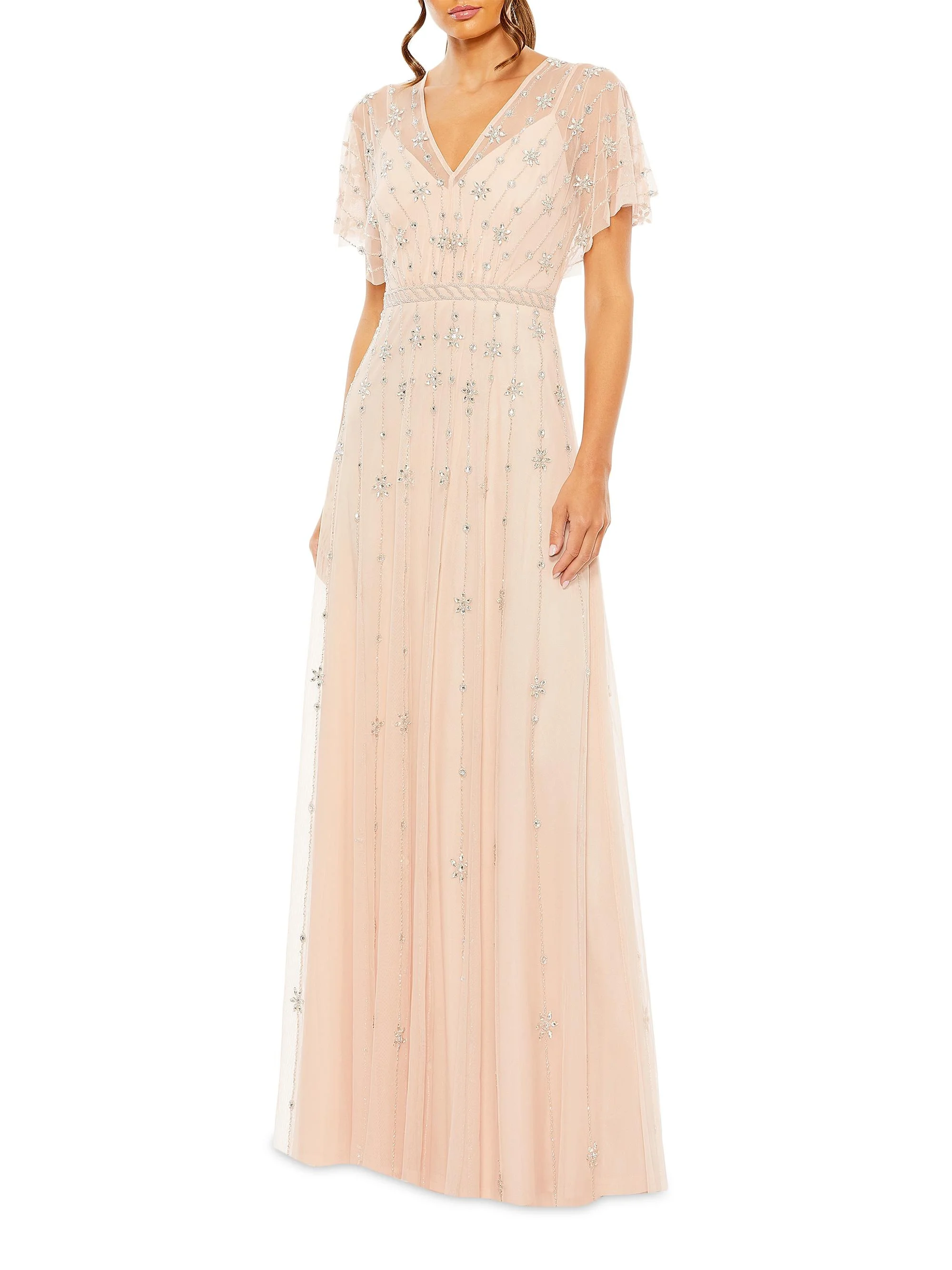 Women's Crystal-Embellished Flutter-Sleeve A-Line Gown - Rose - 1