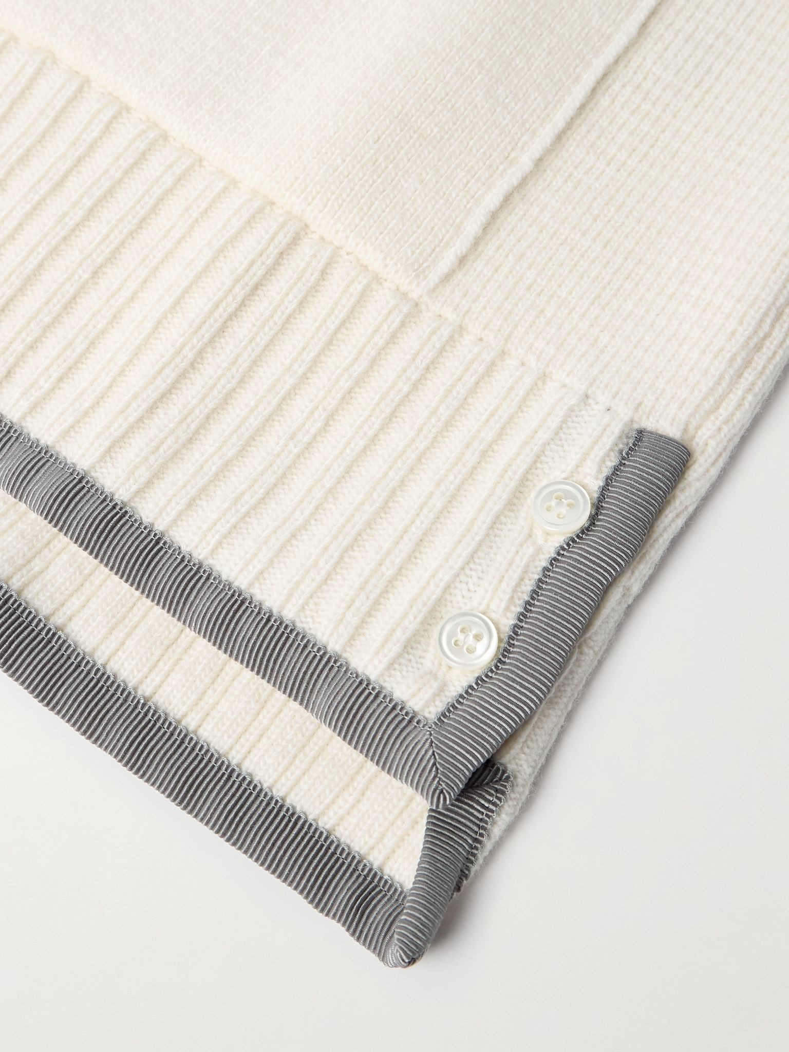 Grosgrain-Trimmed Striped Virgin Wool Cardigan White - 5