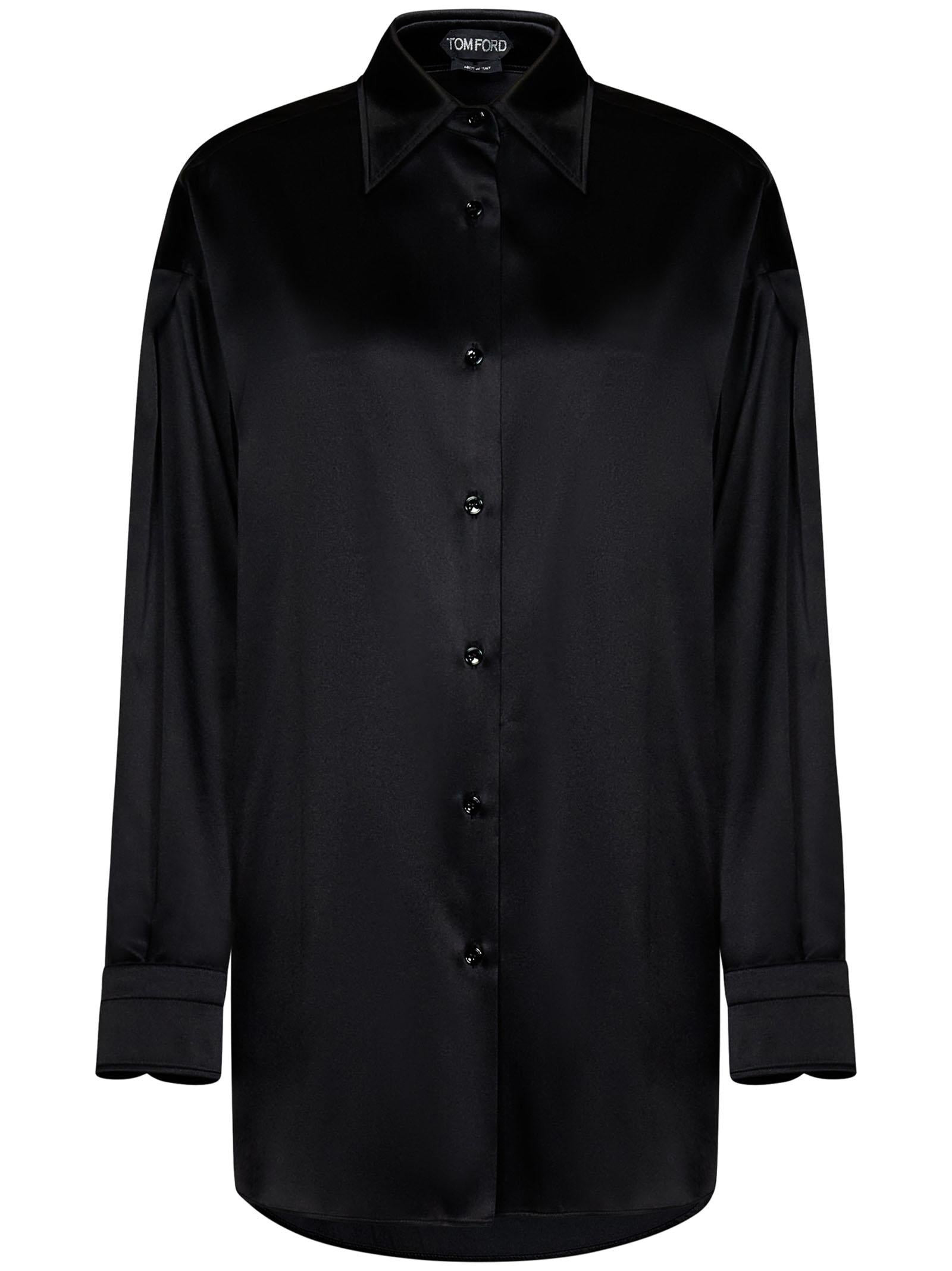 Relaxed-fit black stretch silk satin shirt with mother-of-pearl buttons. - 1