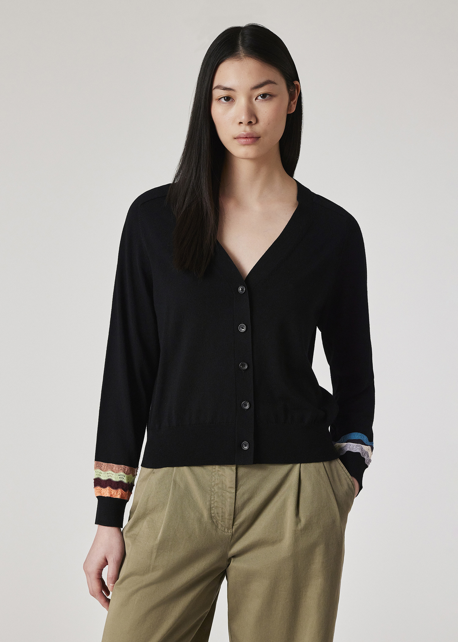 Women's Black Multi Colour Zig Zag Sleeve Cardigan - 3