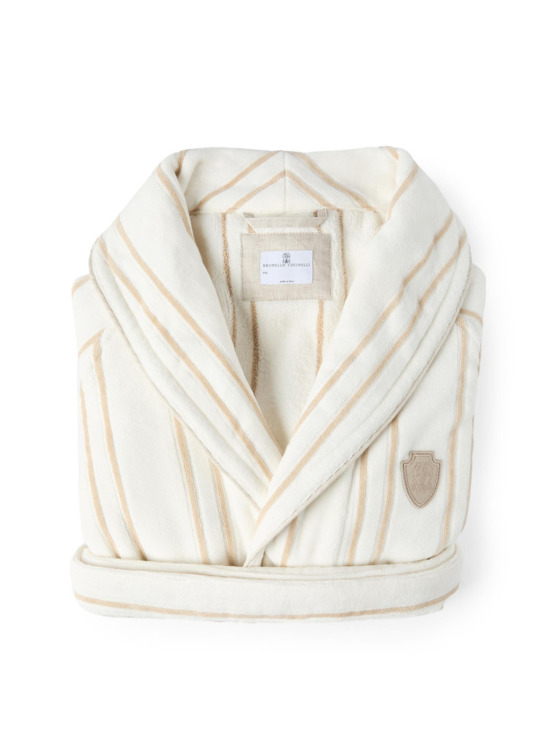 Women's Striped Cotton Terrycloth Bathrobe with Logo - Buff 3
