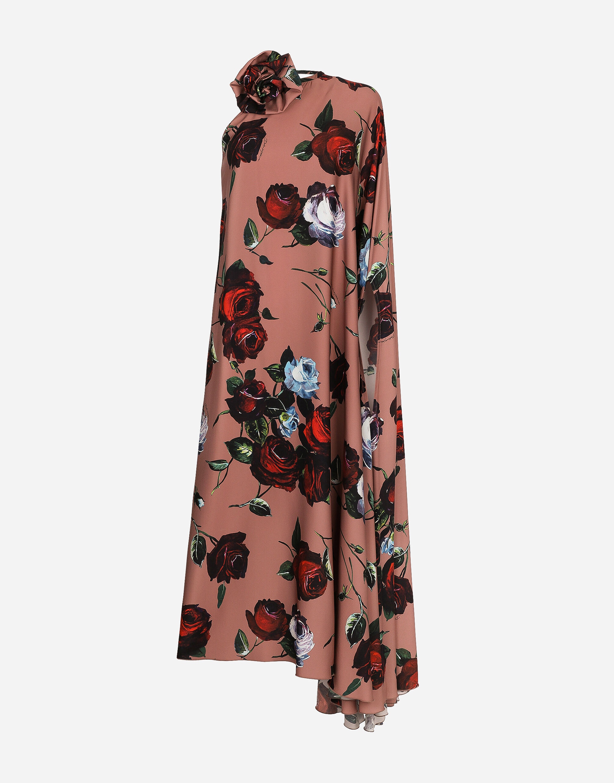 Asymmetrical charmeuse dress with vintage rose print - 1