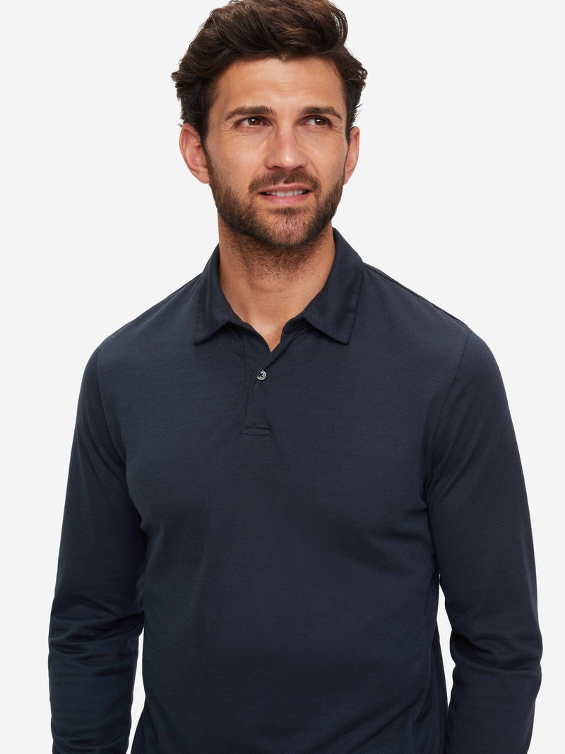 Men's Long Sleeve Polo Shirt Ramsay Pique Cotton Tencel Navy - 2