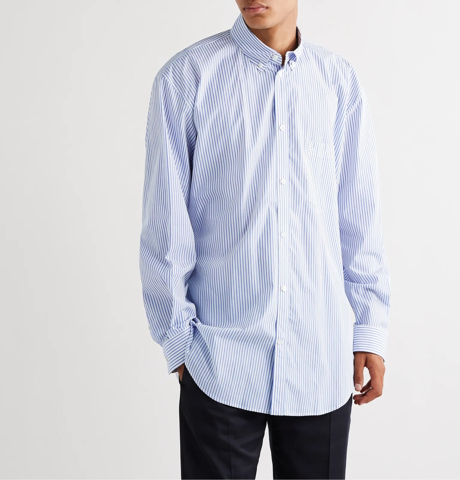 Oversized Button-Down Collar Logo-Print Striped Cotton Shirt - 4