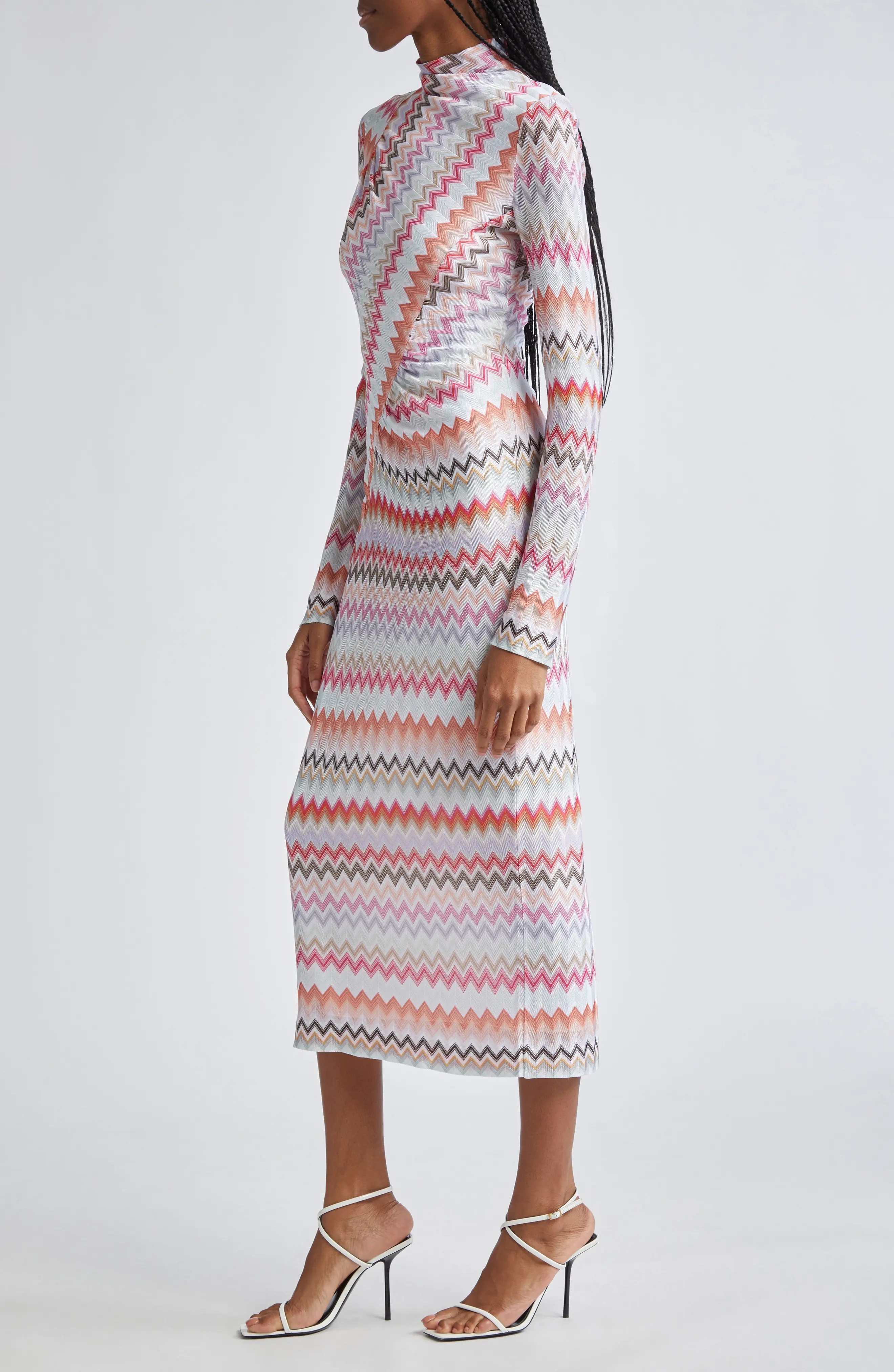 Asymmetric Long Sleeve Chevron Knit Dress in Black/Light Tones Multicolor - 3