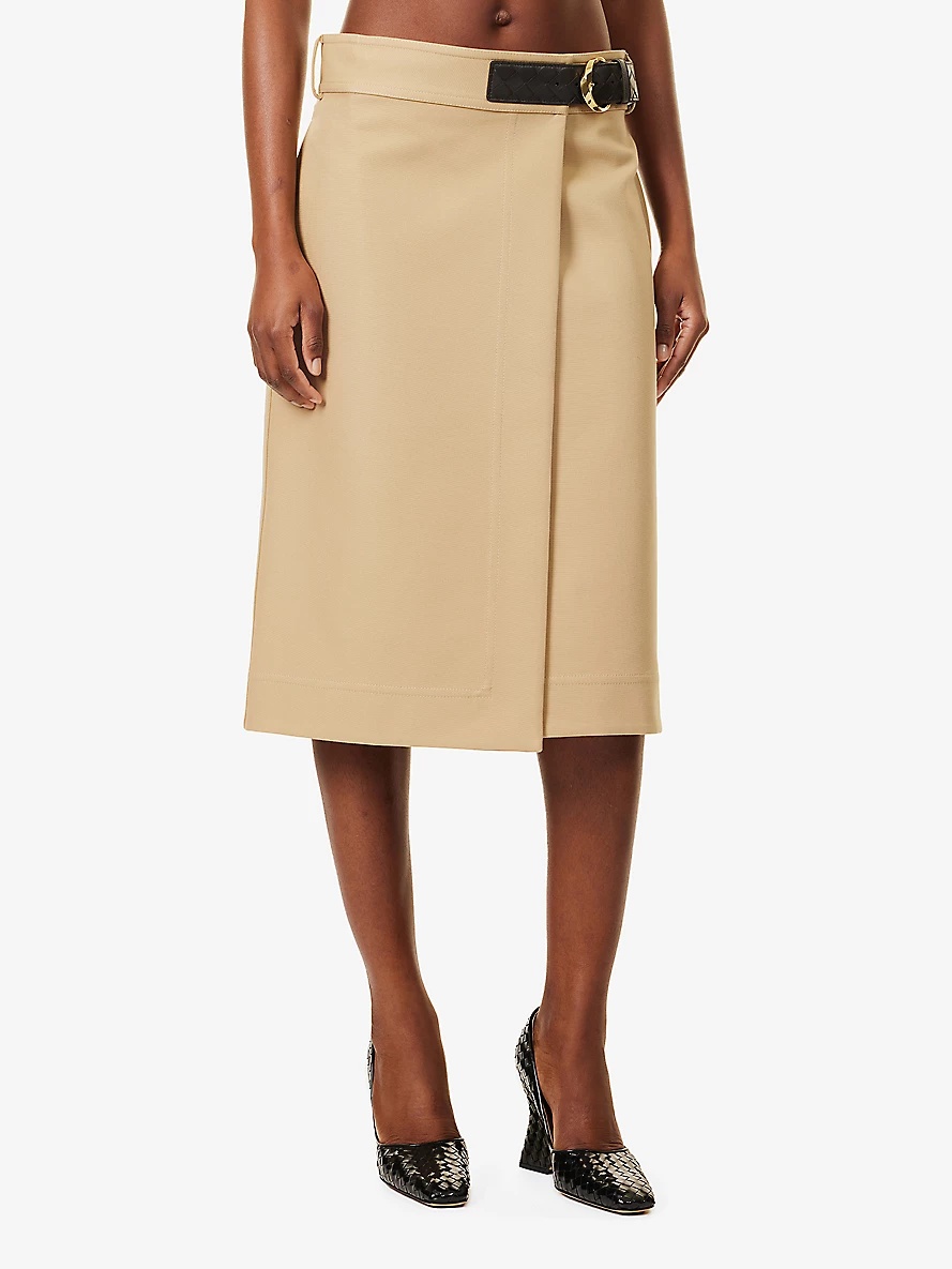 Intrecciato-trim wrap-front cotton midi skirt - 3