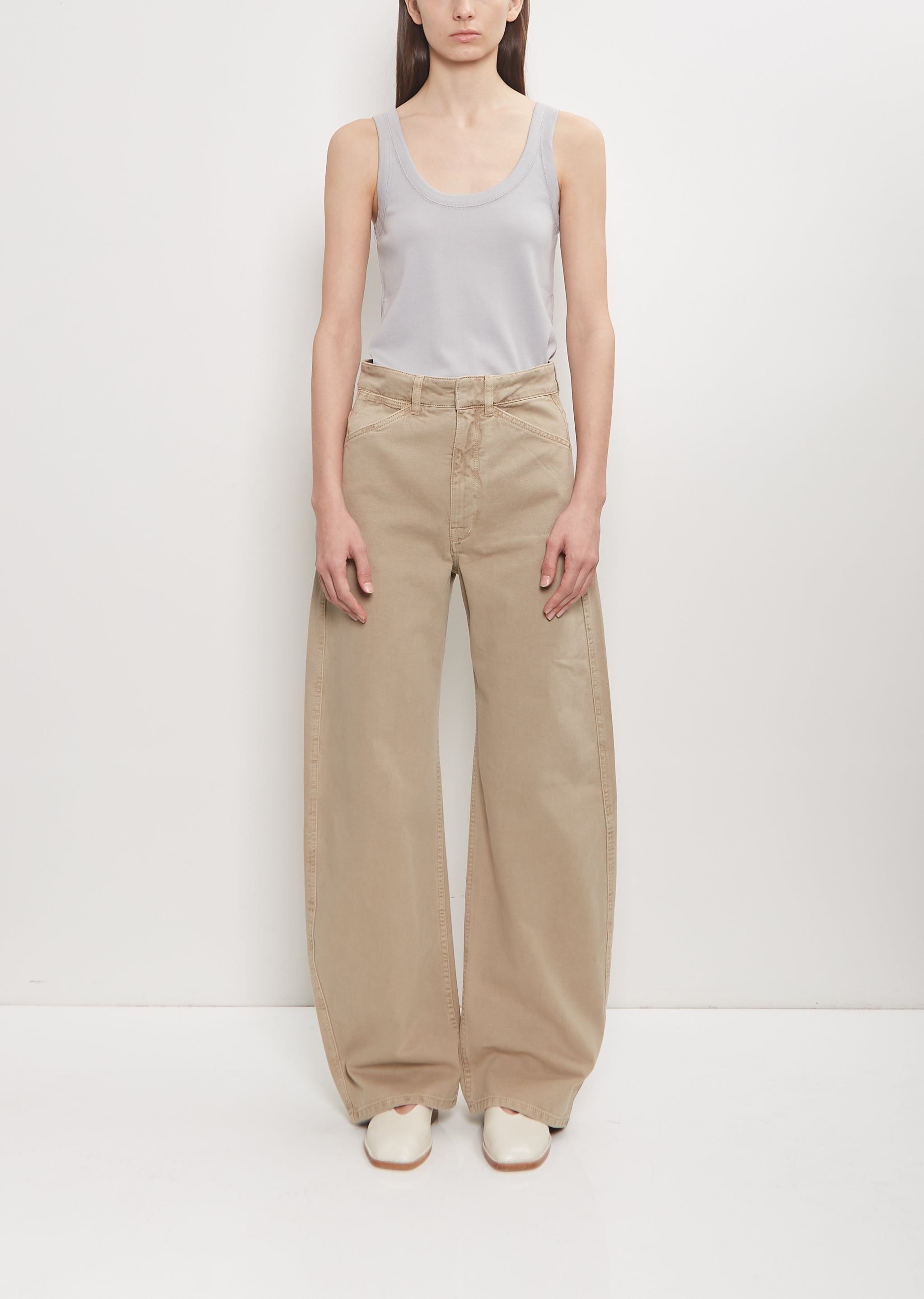 Denim High Waisted Curved Pants — Natural Beige - 1