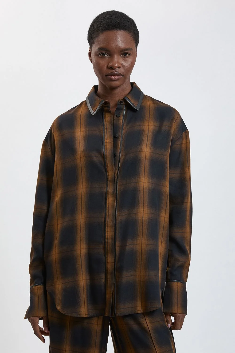 Petite Check PU Trim Detail Collared Shirt - 1