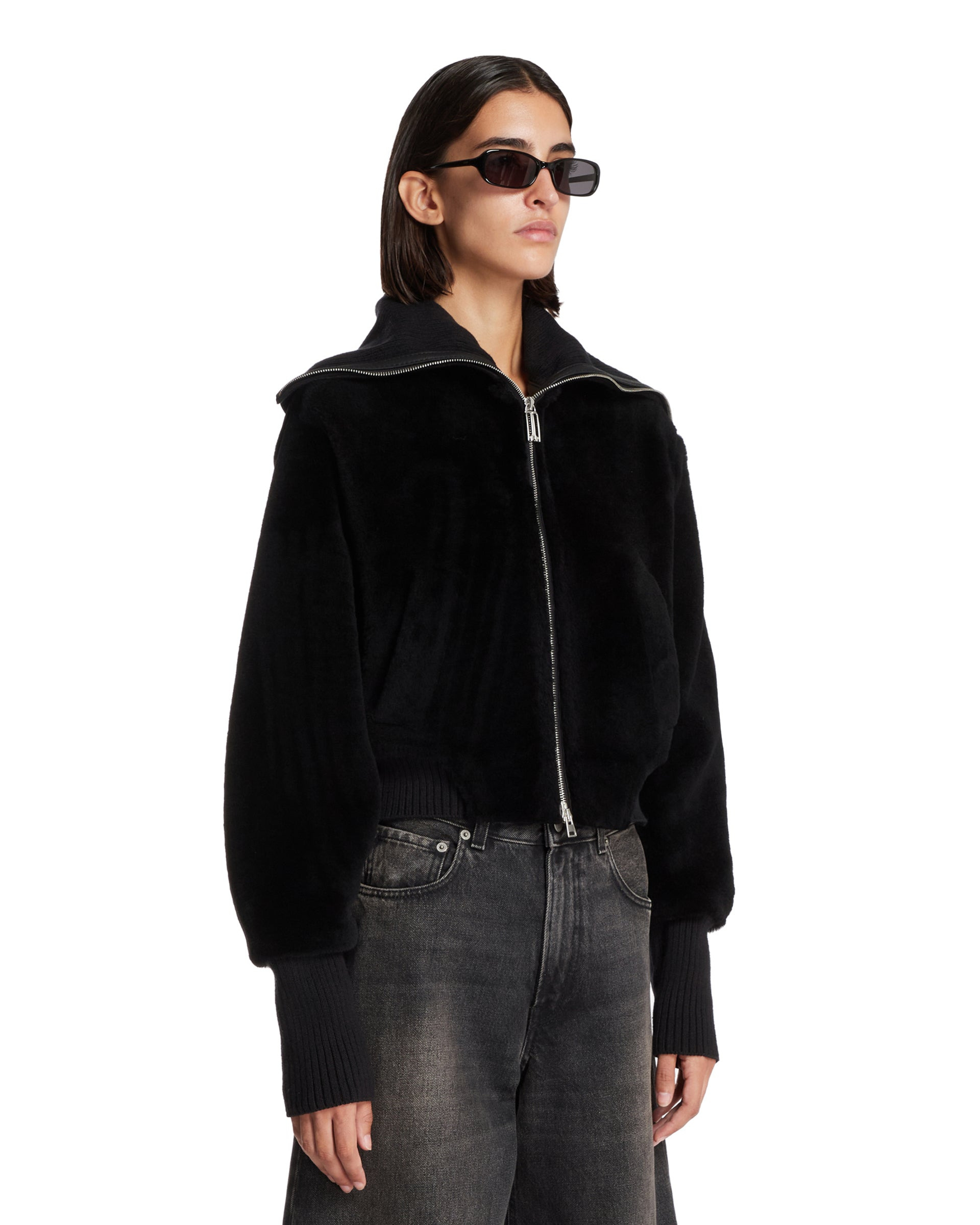Black Shearling Bomber Jacket - 4