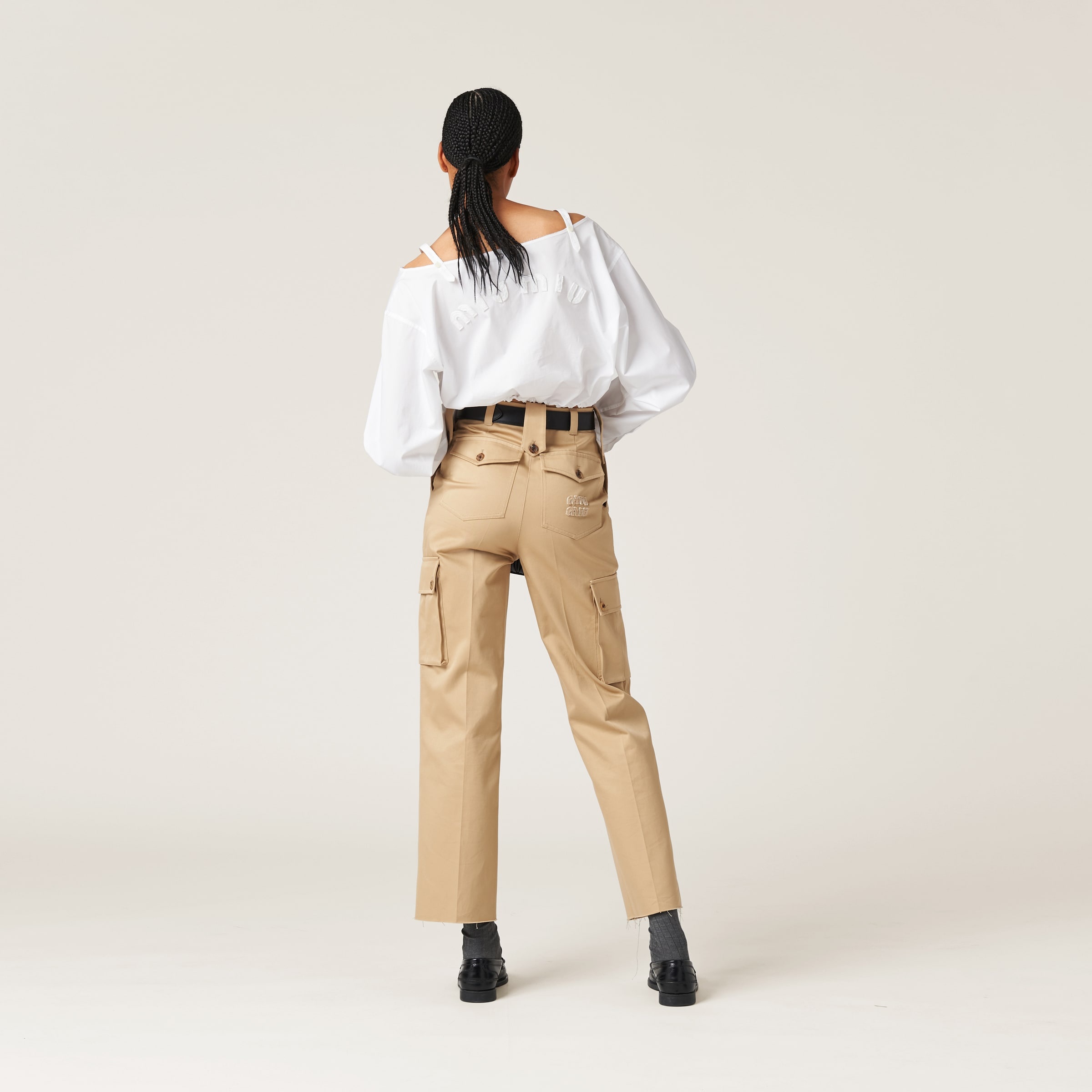 Miu Miu Mid-rise Wide-leg Cotton Chinos In Neutral | ModeSens