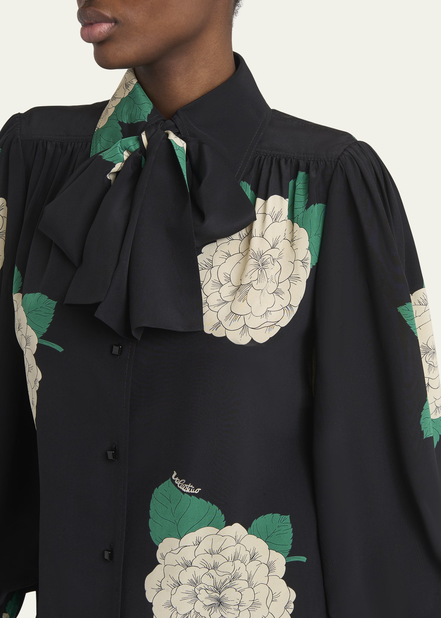 Floral Print Tie-Neck Silk Blouse - 5