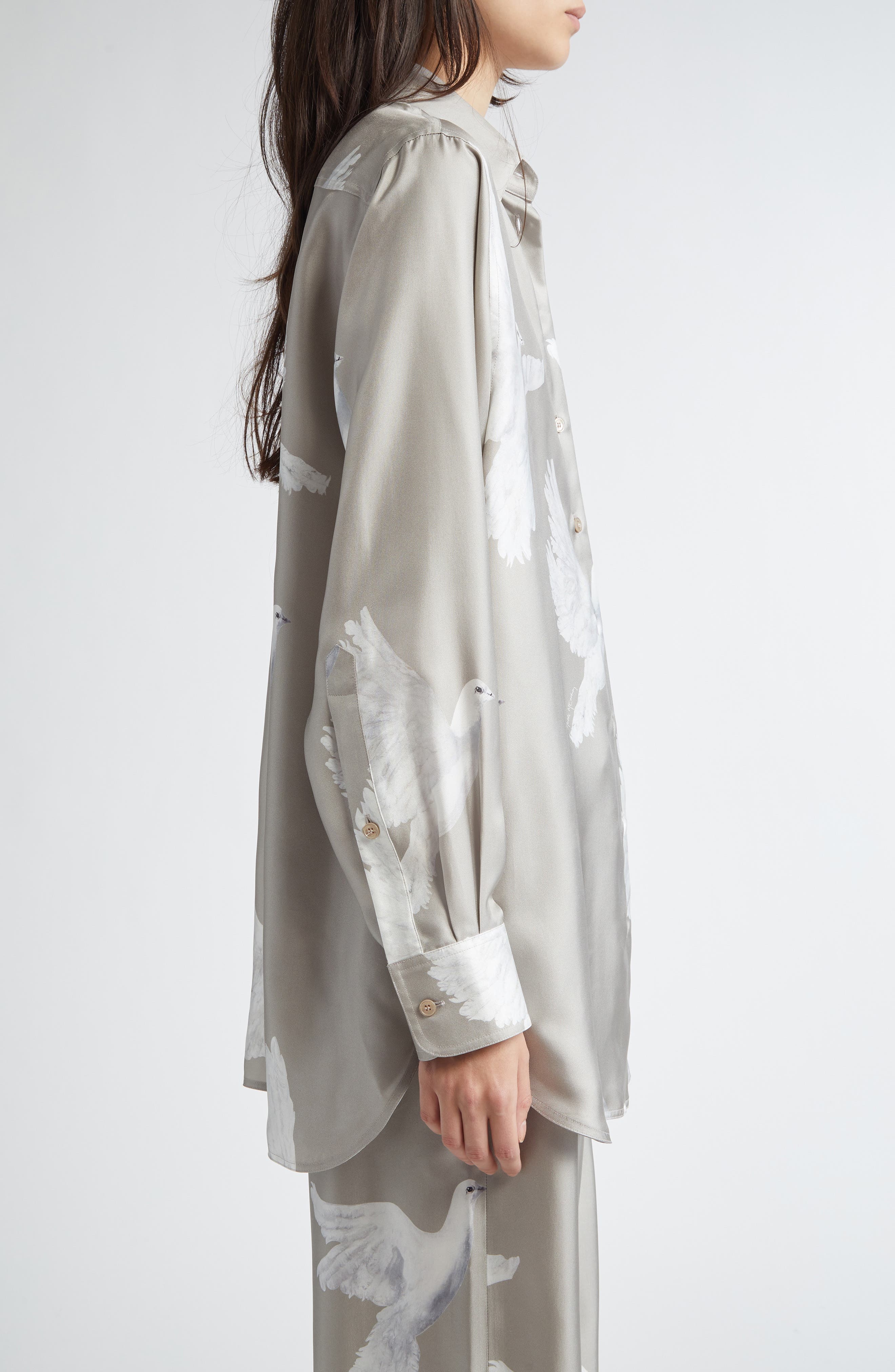 Stella McCartney Birds Print Relaxed Silk Button-Up Shirt in Mud at Nordstrom - 4