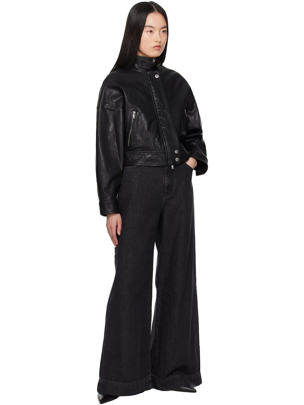 WEEKEND Max Mara Black Angel Leather Bomber Jacket | REVERSIBLE