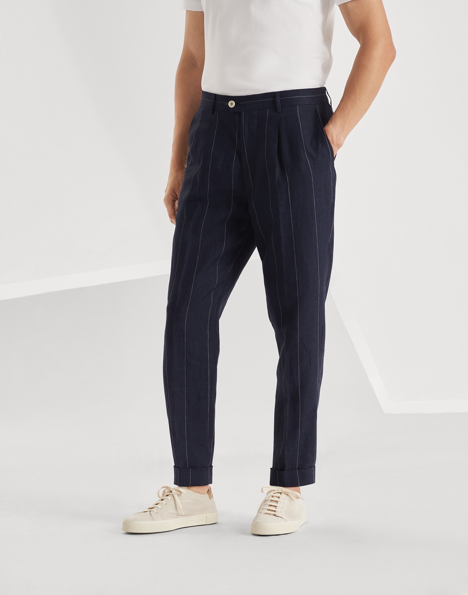 Linen wide chalk stripe leisure fit trousers with pleat - 1