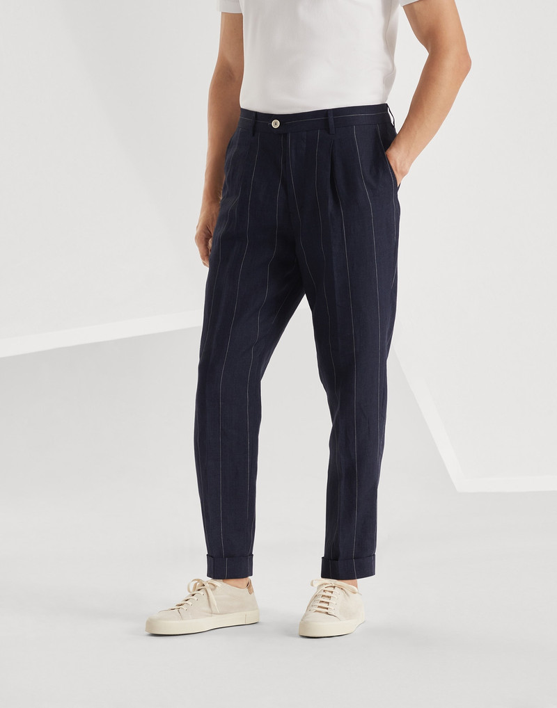 Linen wide chalk stripe leisure fit trousers with pleat - 1