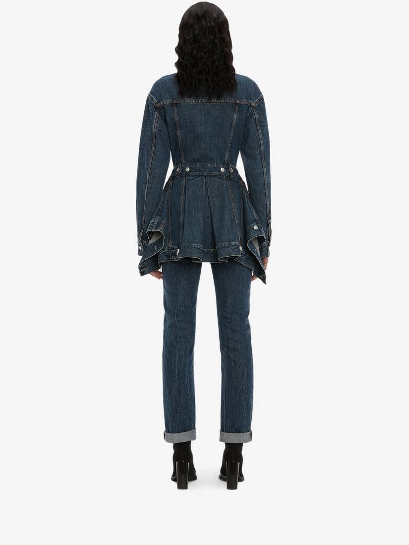 Peplum Denim Jacket in Washed Blue - 4