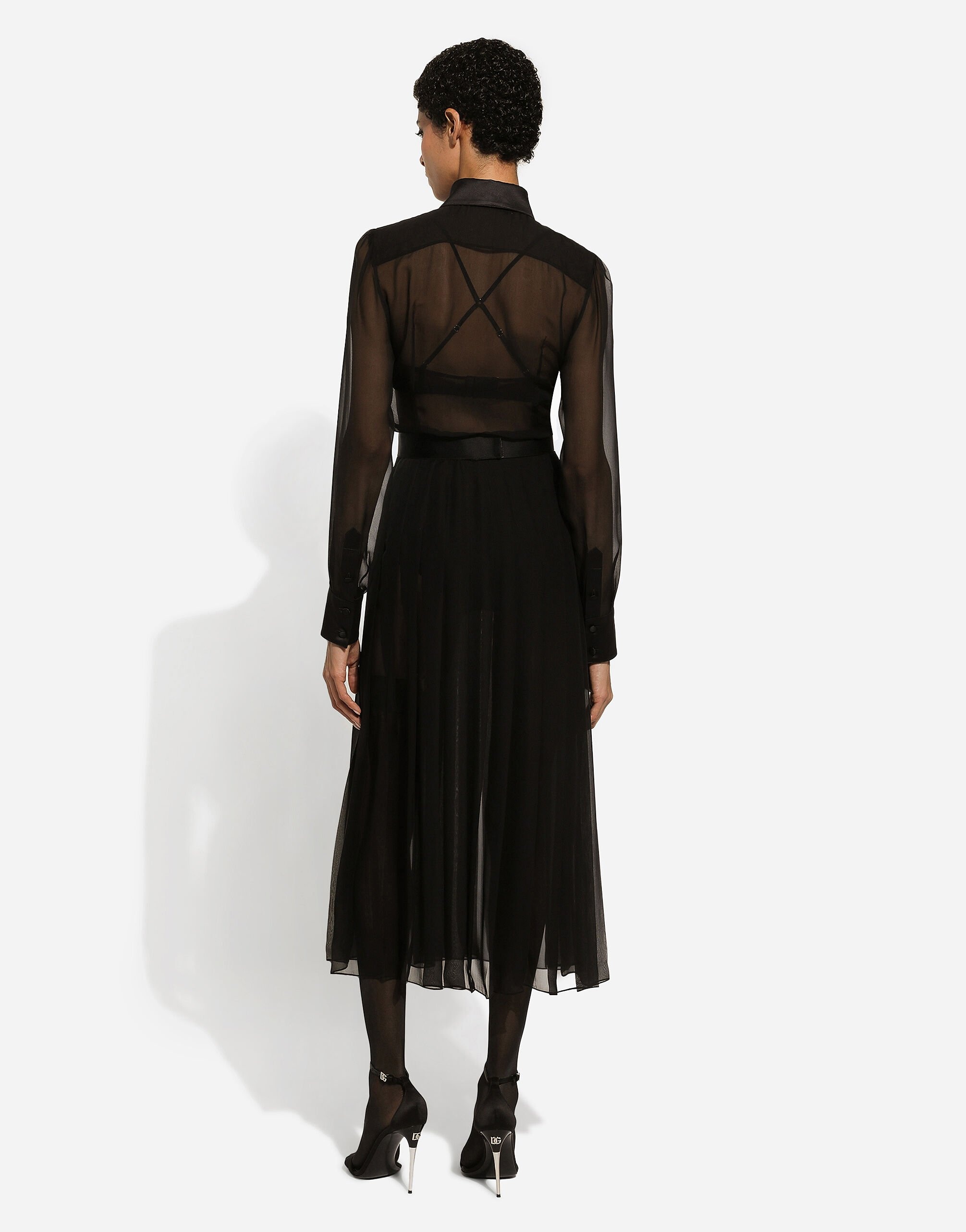 Chiffon calf-length shirt dress with satin details - 4