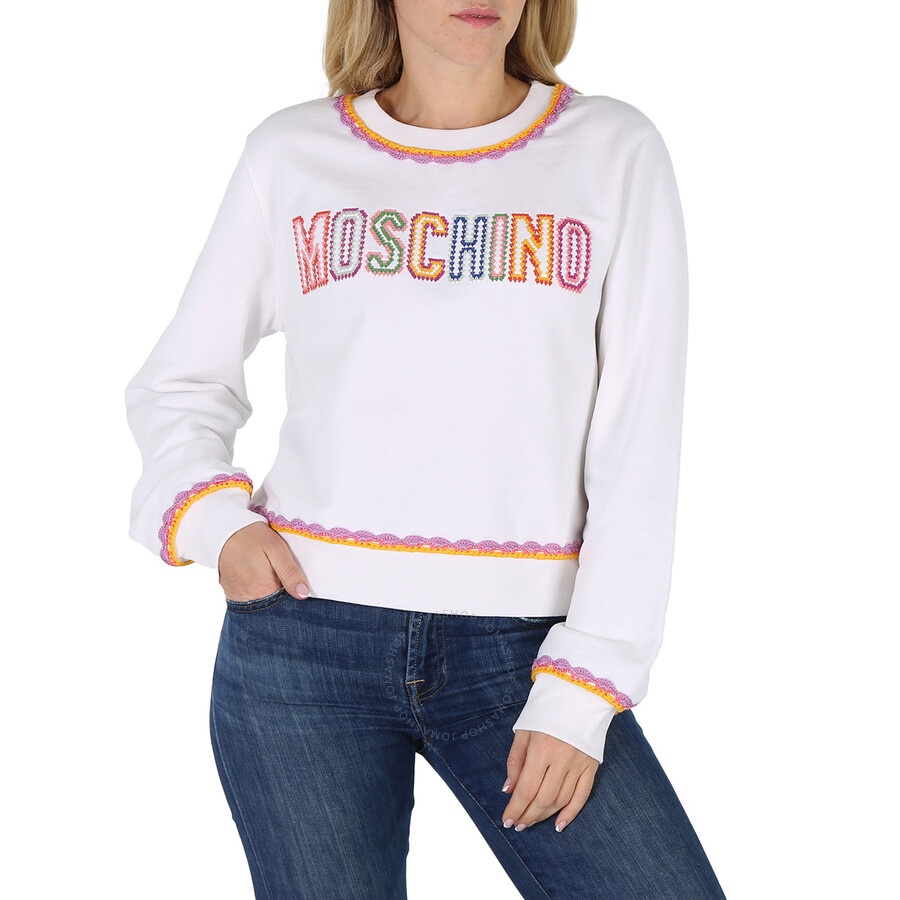 Moschino Fantasy Print White Crochet Details Cotton Sweatshirt - 3