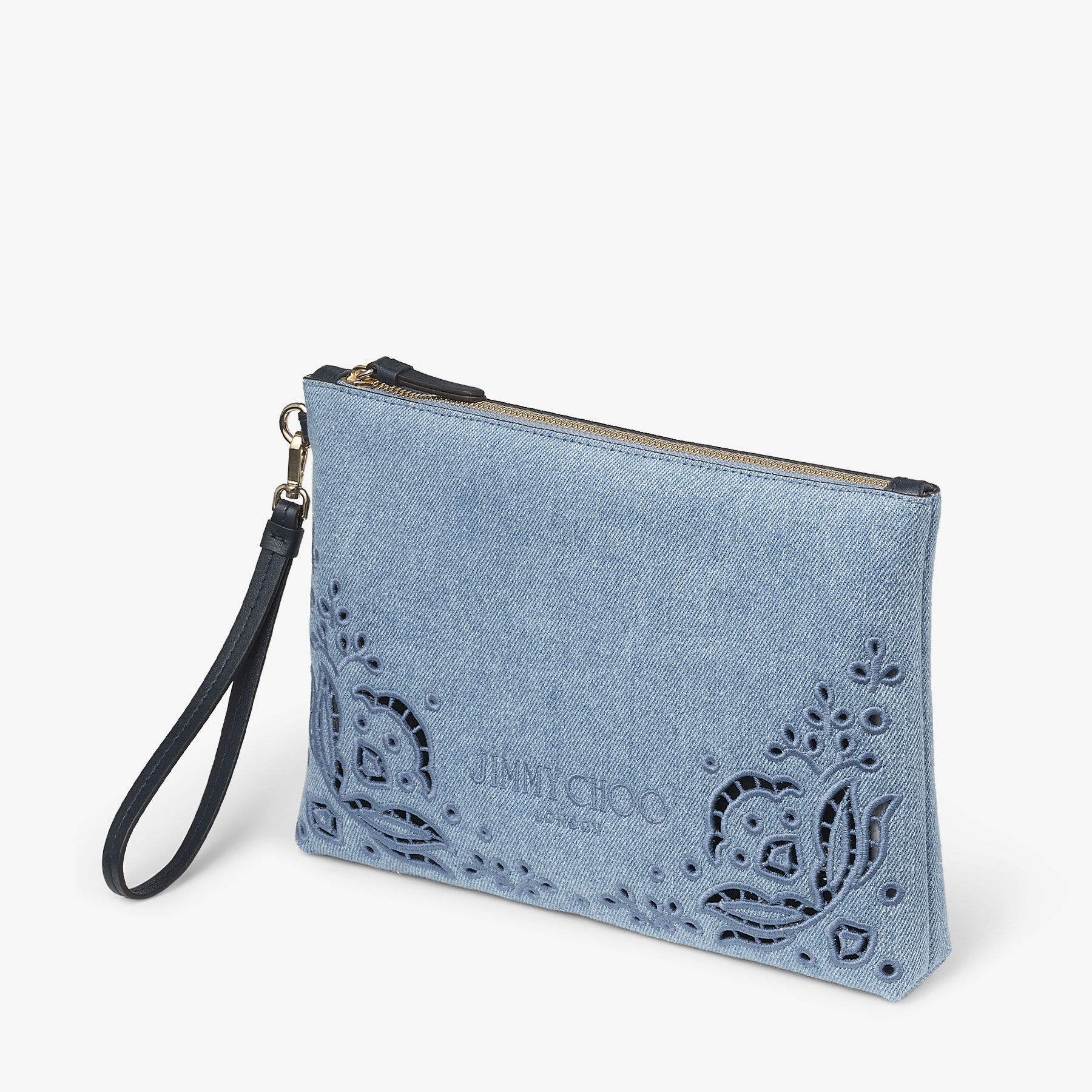 Zipped Flat Pouch
Blue Haze Denim Pouch with Sangallo Embroidery - 2