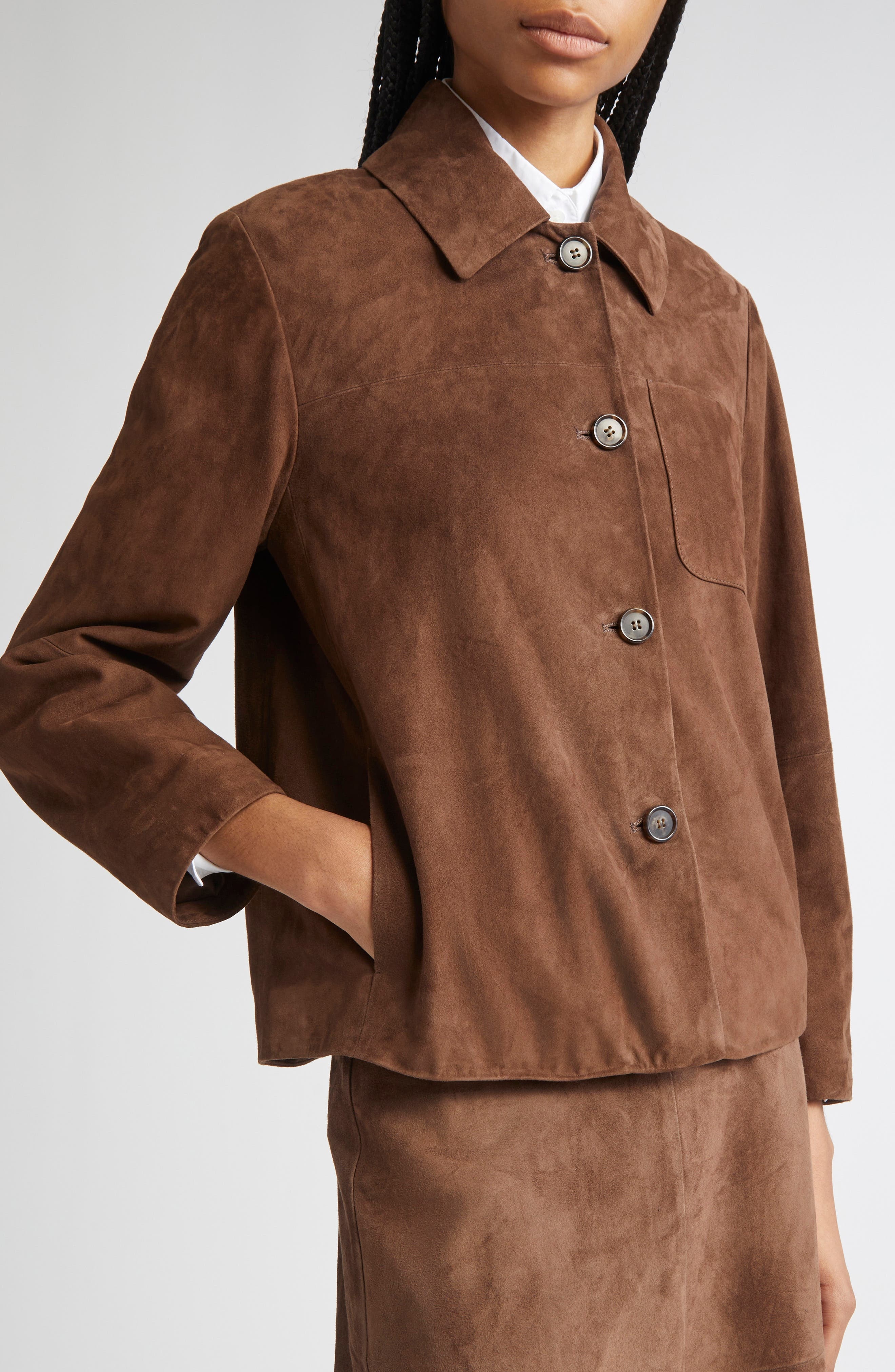 Max Mara Cloe Suede Shirt Jacket in Dark Brown at Nordstrom - 5