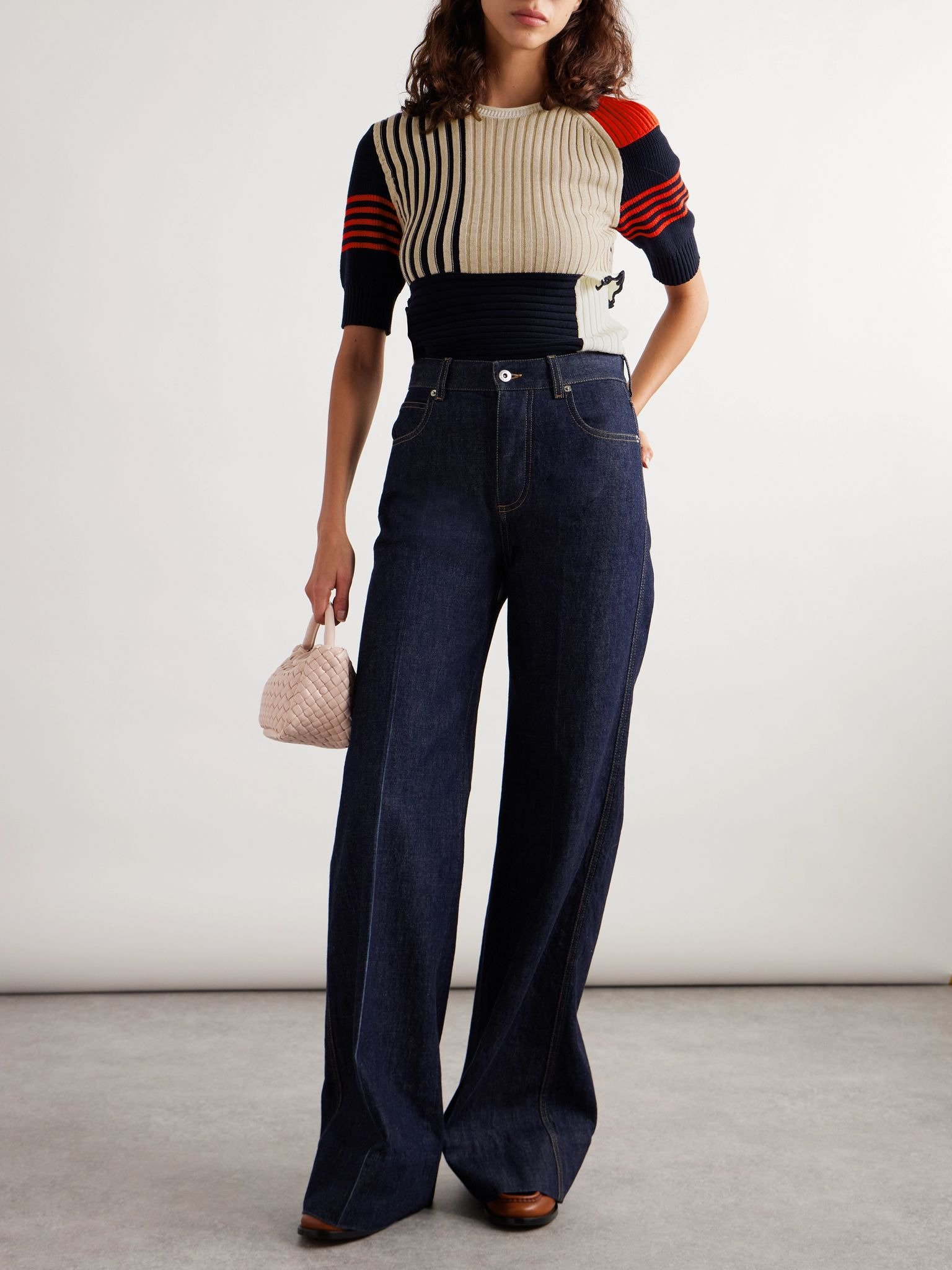 Patchwork ruffled striped ribbed cotton sweater Multi - 2
