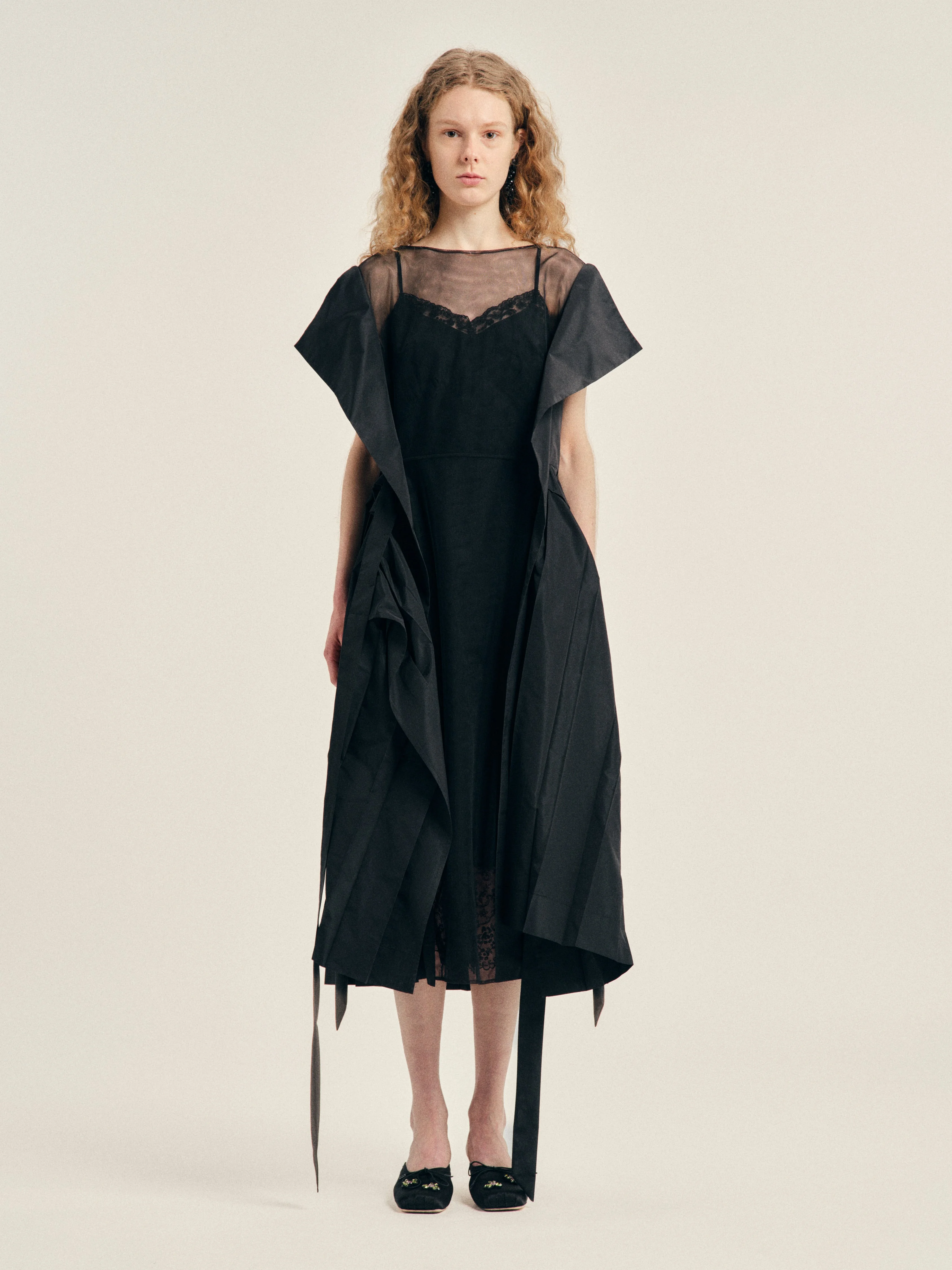 Pleated Sheer Panel Flare Dress - 1