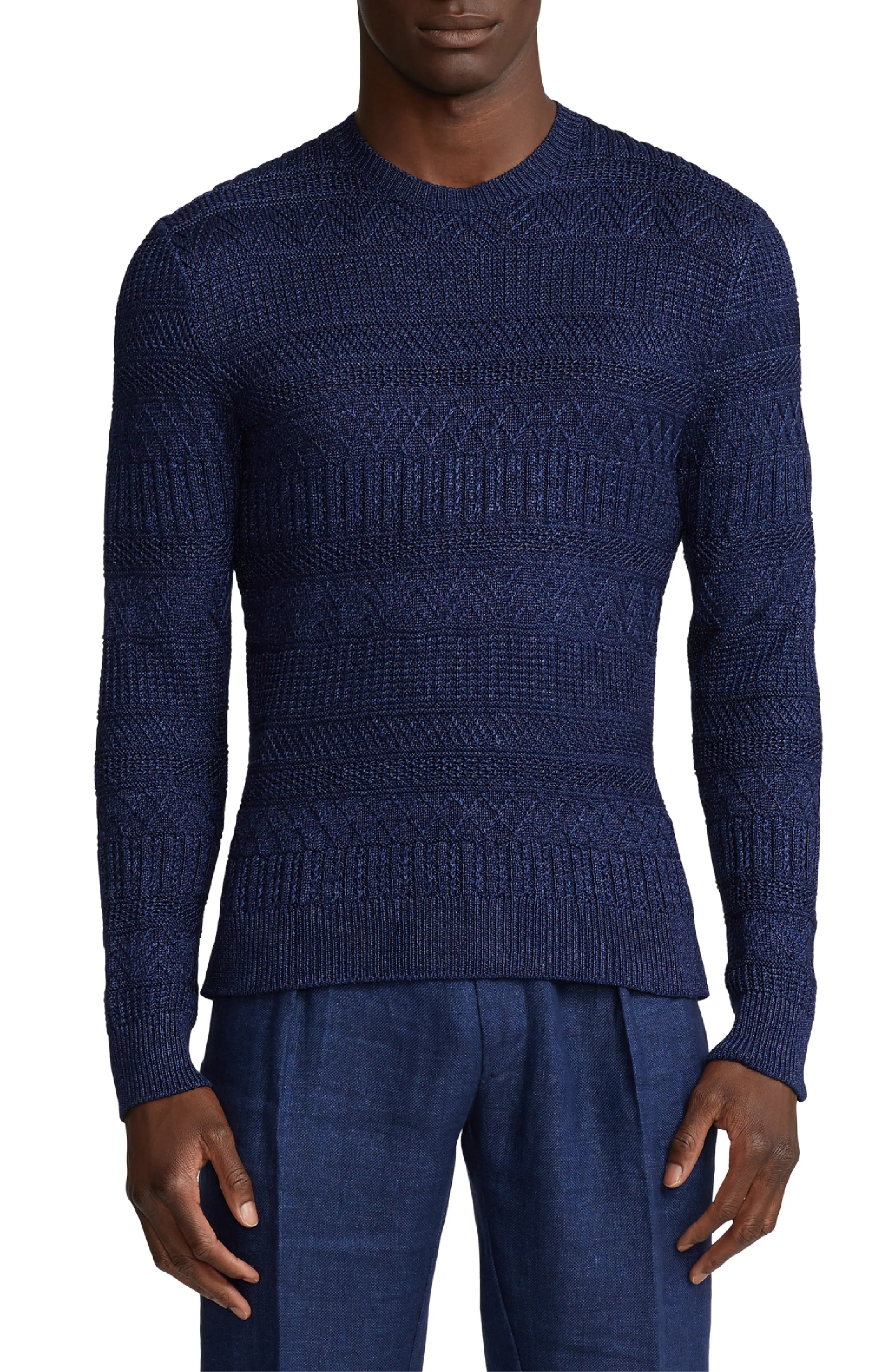 Mixed Stitch Silk & Cotton Crewneck Sweater - 1