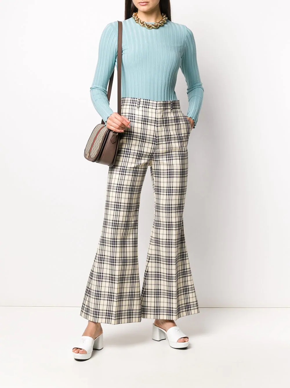 tweed check flared trousers - 2