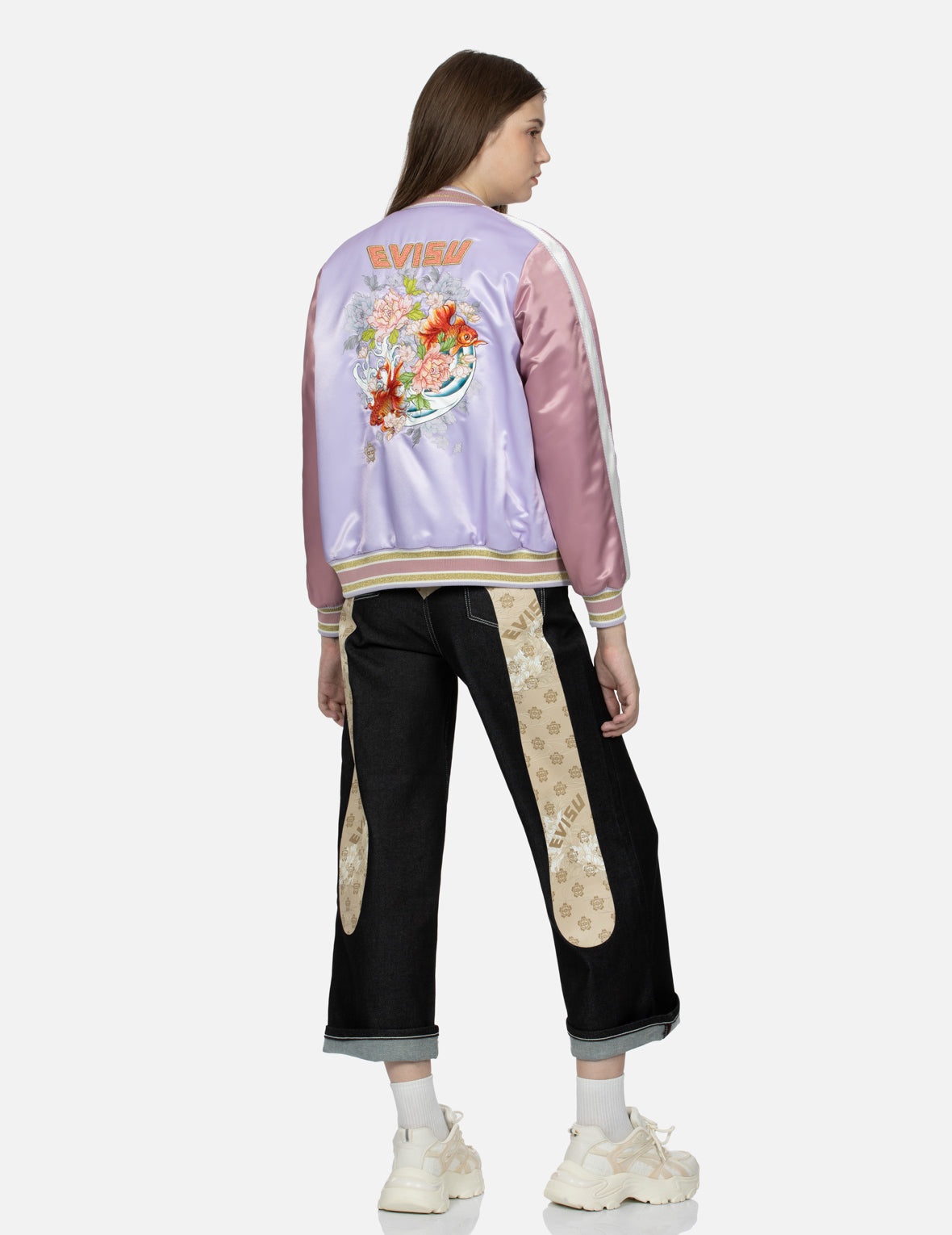 Goldfish and Floral Flow Embroidery Color-blocking Loose Fit Souvenir Jacket - 3