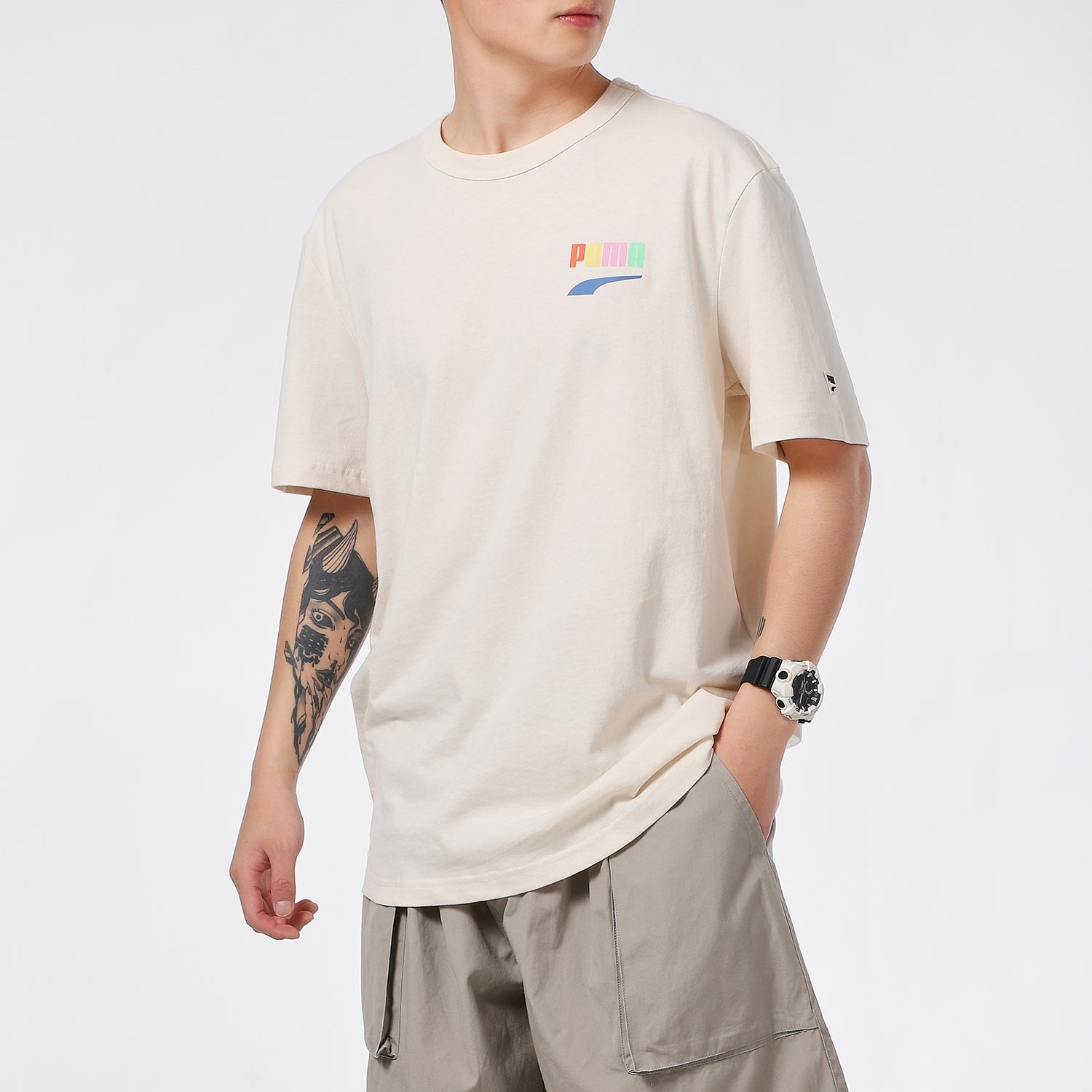 PUMA Sports Alphabet Cartoon Printing Round Neck Short Sleeve Beige 531335-75 - 4