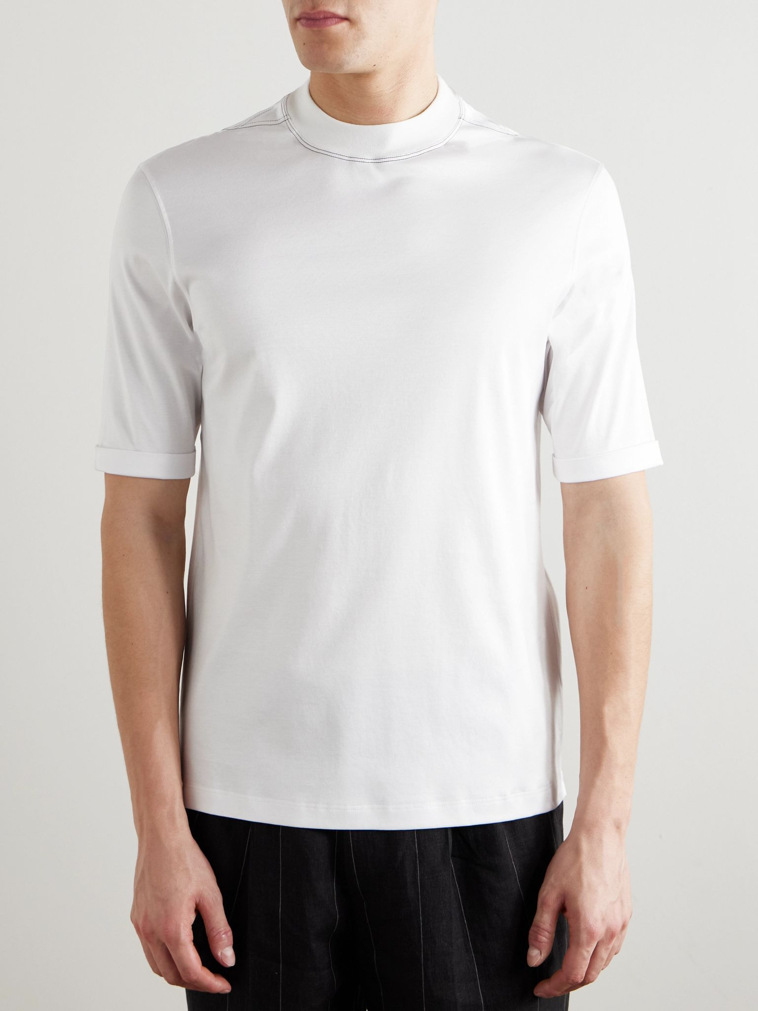 Mock-Neck Cotton-Jersey T-Shirt White - 3