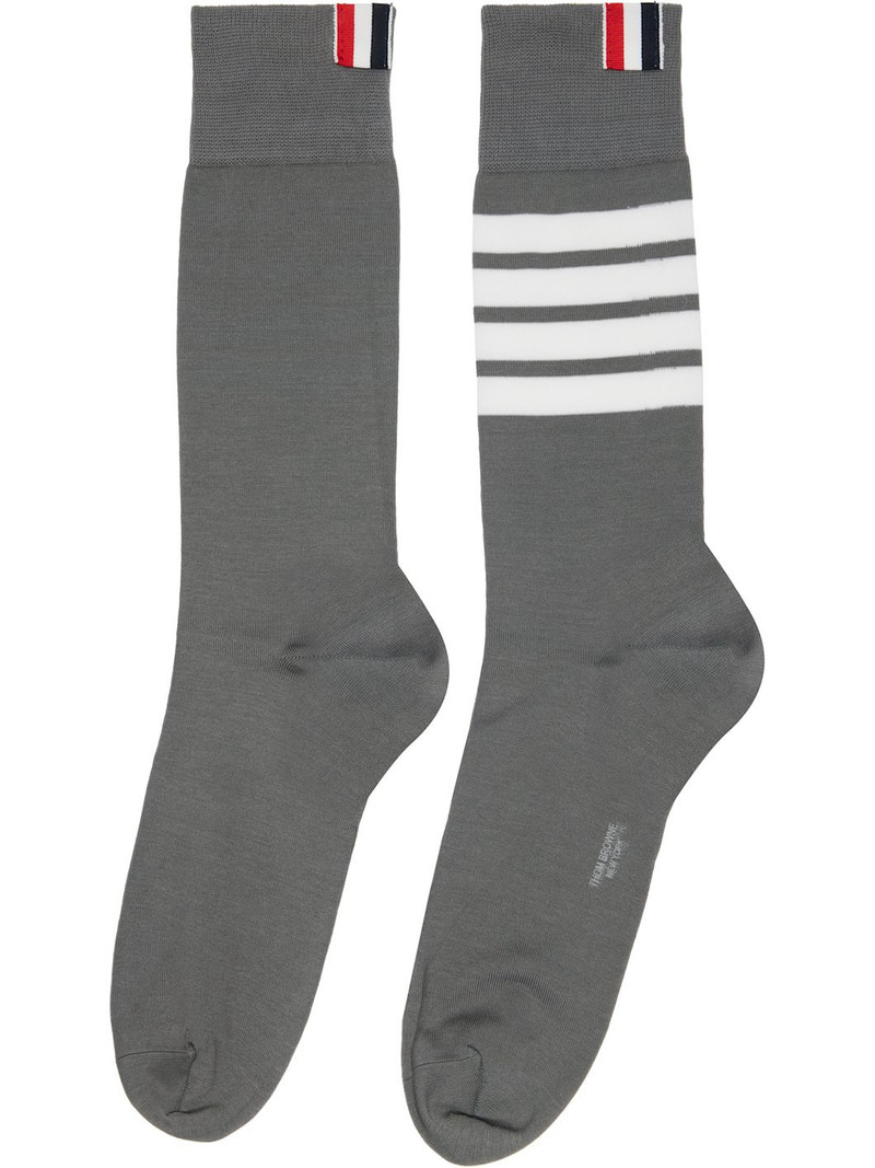 Thom Browne Gray Cotton 4-Bar Mid Calf Socks outlook