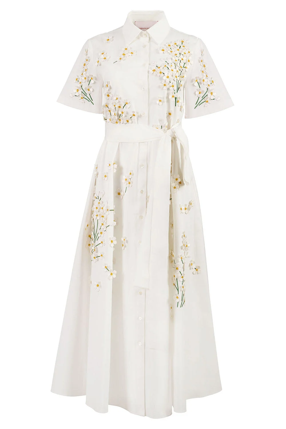 Embroidered Floral Short Sleeve Belt Shirt Dress - 1
