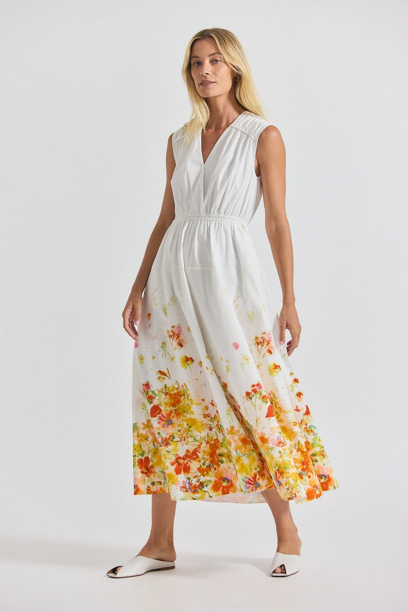 NARA BORDER PRINT COTTON POPLIN CINCH WAIST MAXI DRESS - 1