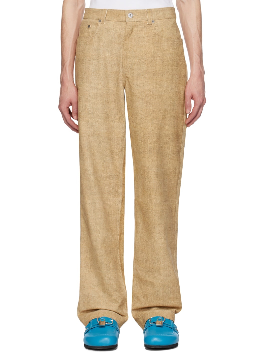 Beige Straight-Fit Leather Pants - 1