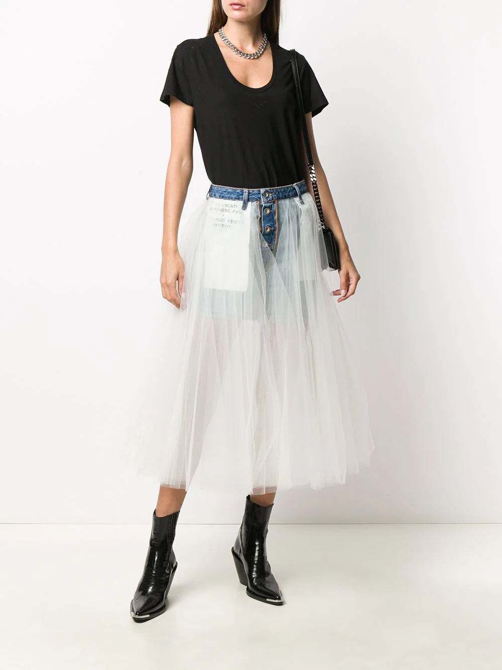 stonewash denim tulle skirt - 2