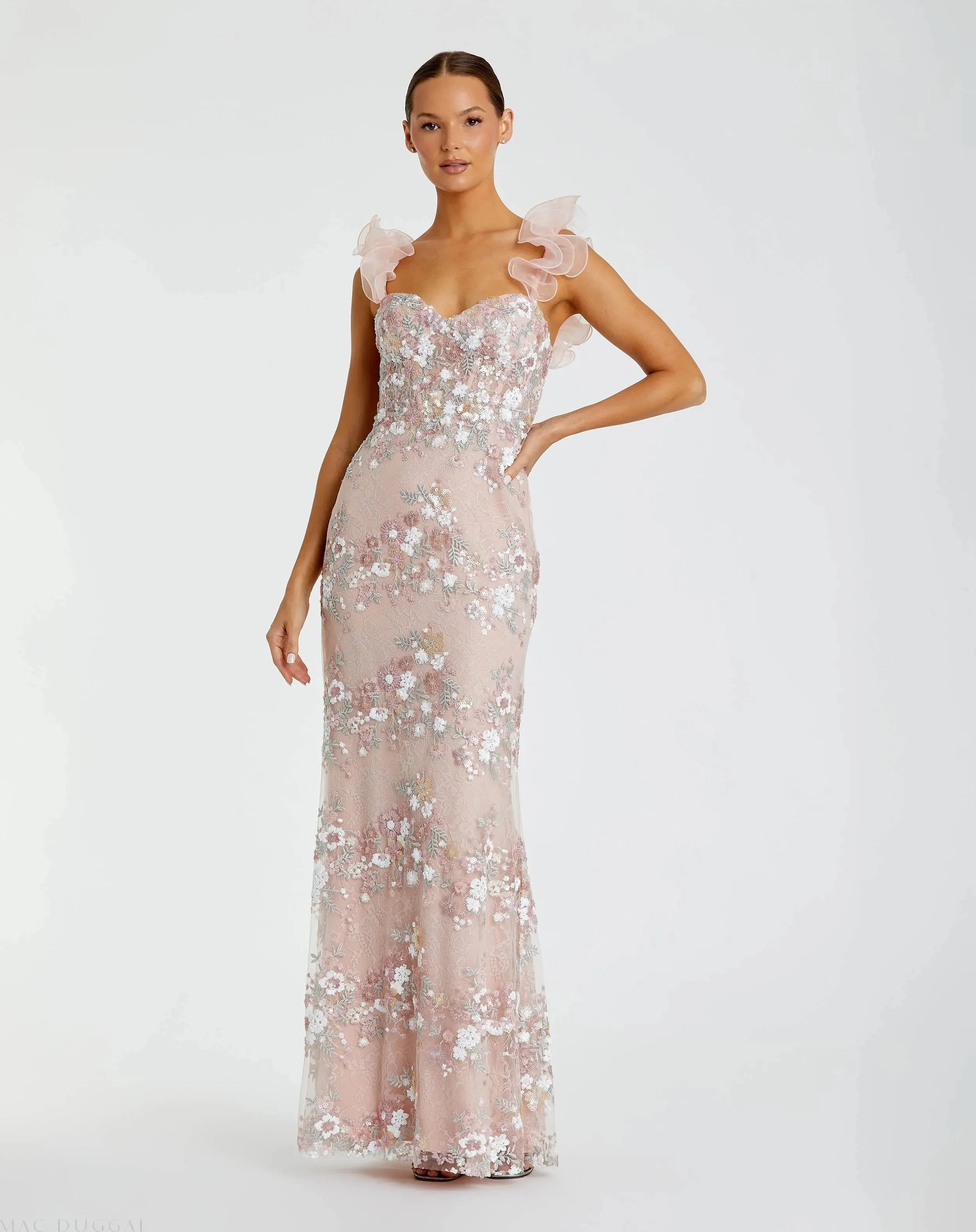 Pink Embroidered Lace Floral Gown with Ruffle Straps - 1