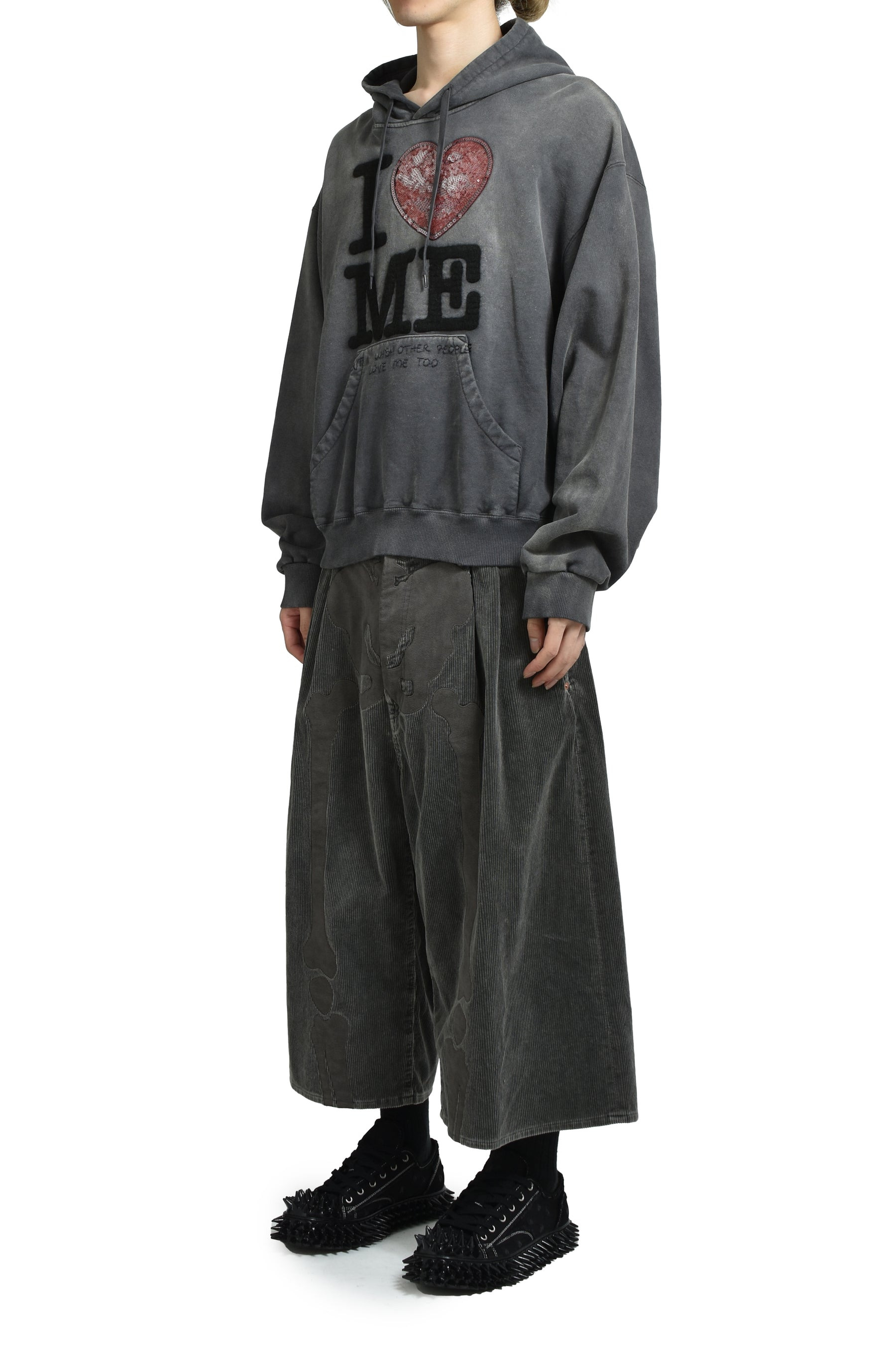 BONE APPLIQUE CORDUROY CROPPED PANTS / GRY - 4