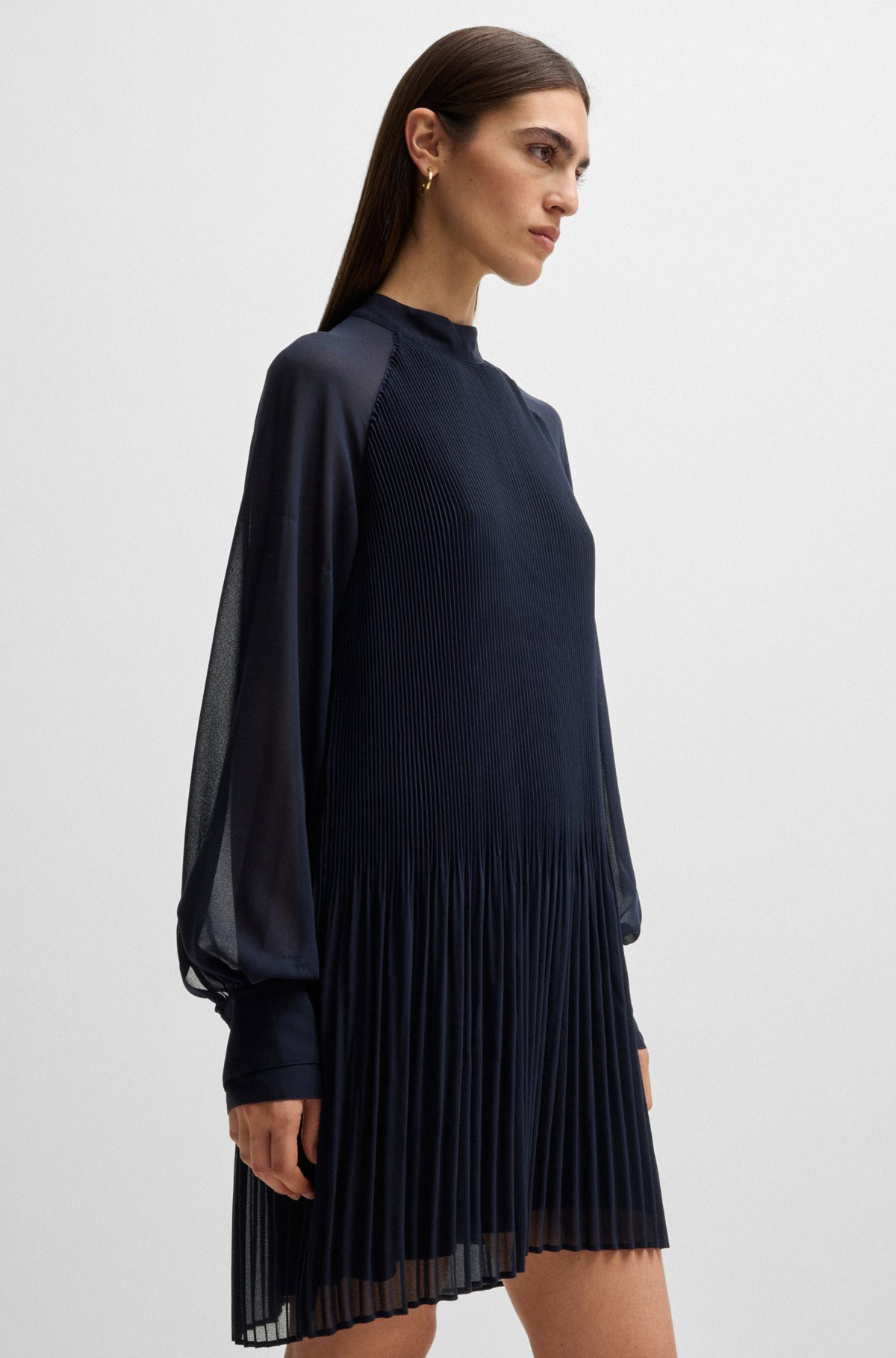 HIGH-NECK DRESS WITH PLISSÉ PLEATS AND SHEER SLEEVES - 6