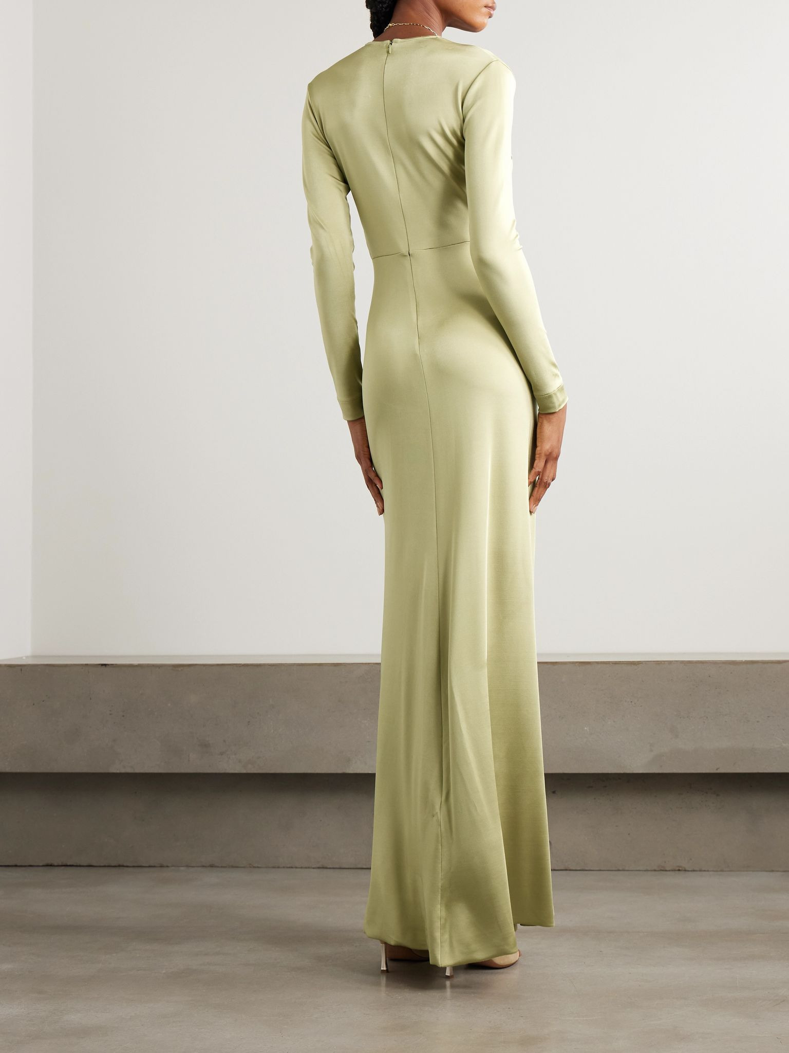 Crystal-embellished gathered satin-jersey gown Sage green - 3