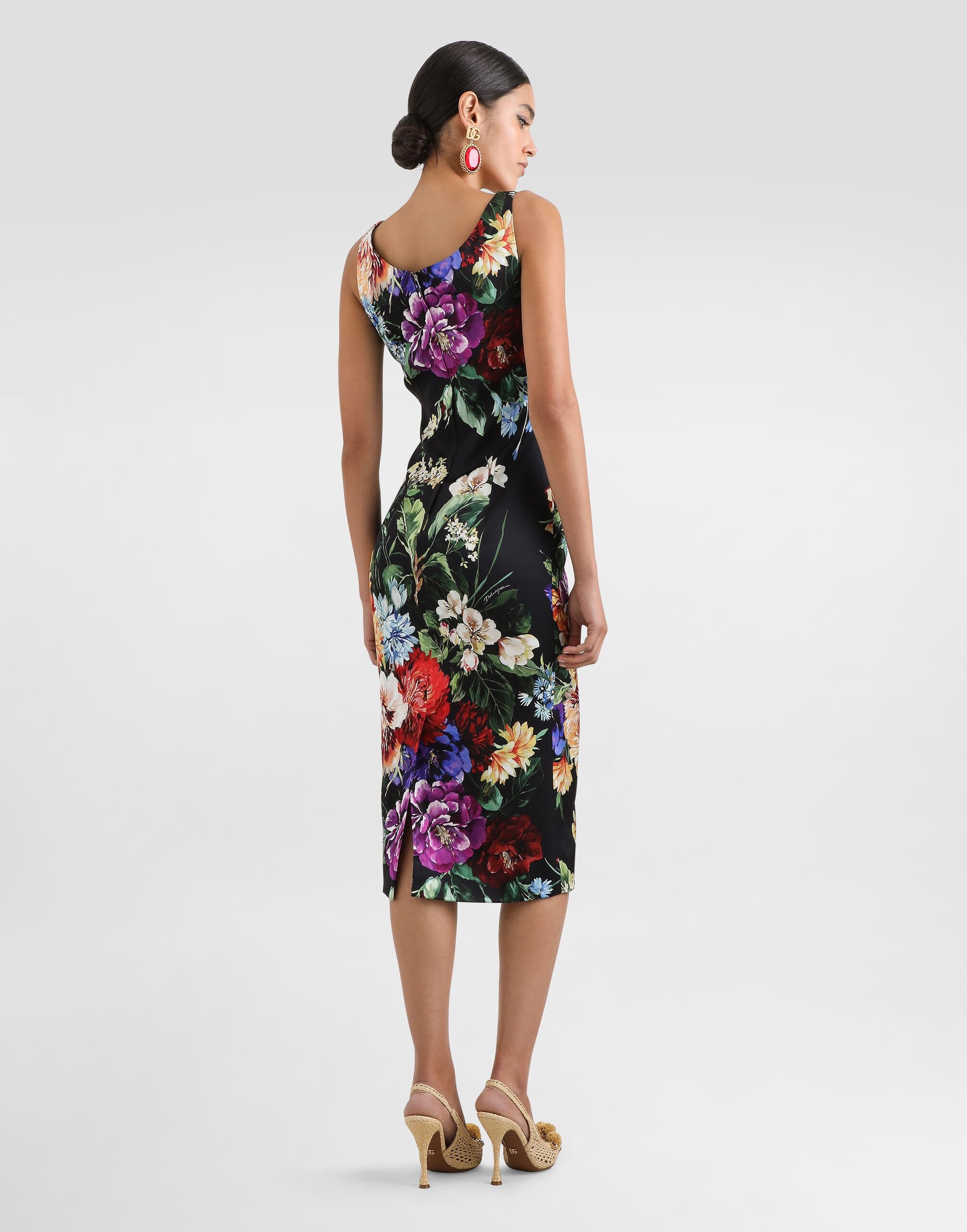 Flower-print fitted satin dress - 3