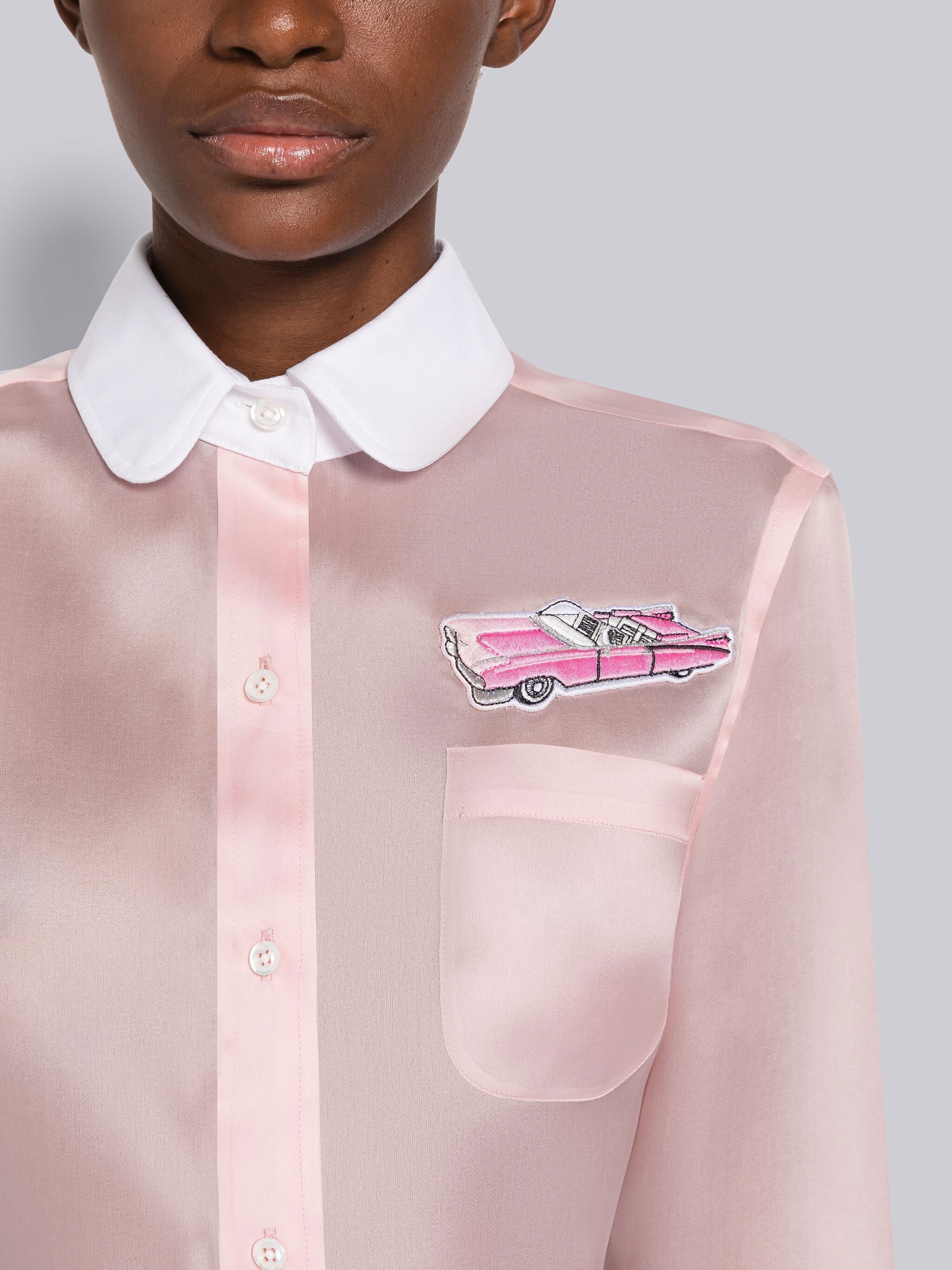 Double Satin Organza Combo Cropped Round Collar Shirt - 5