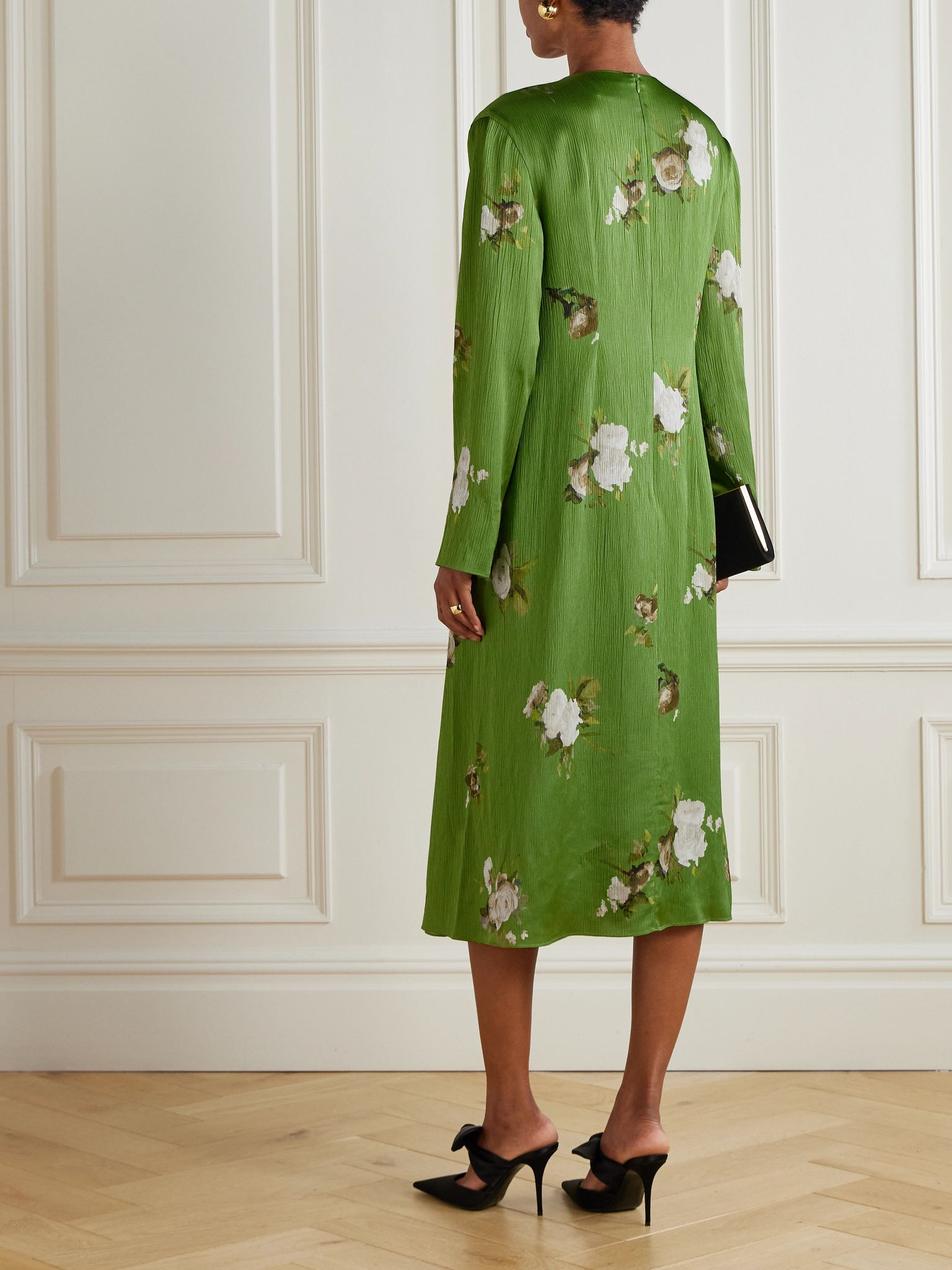 Bow-detailed floral-print plissé-satin midi dress Green - 3