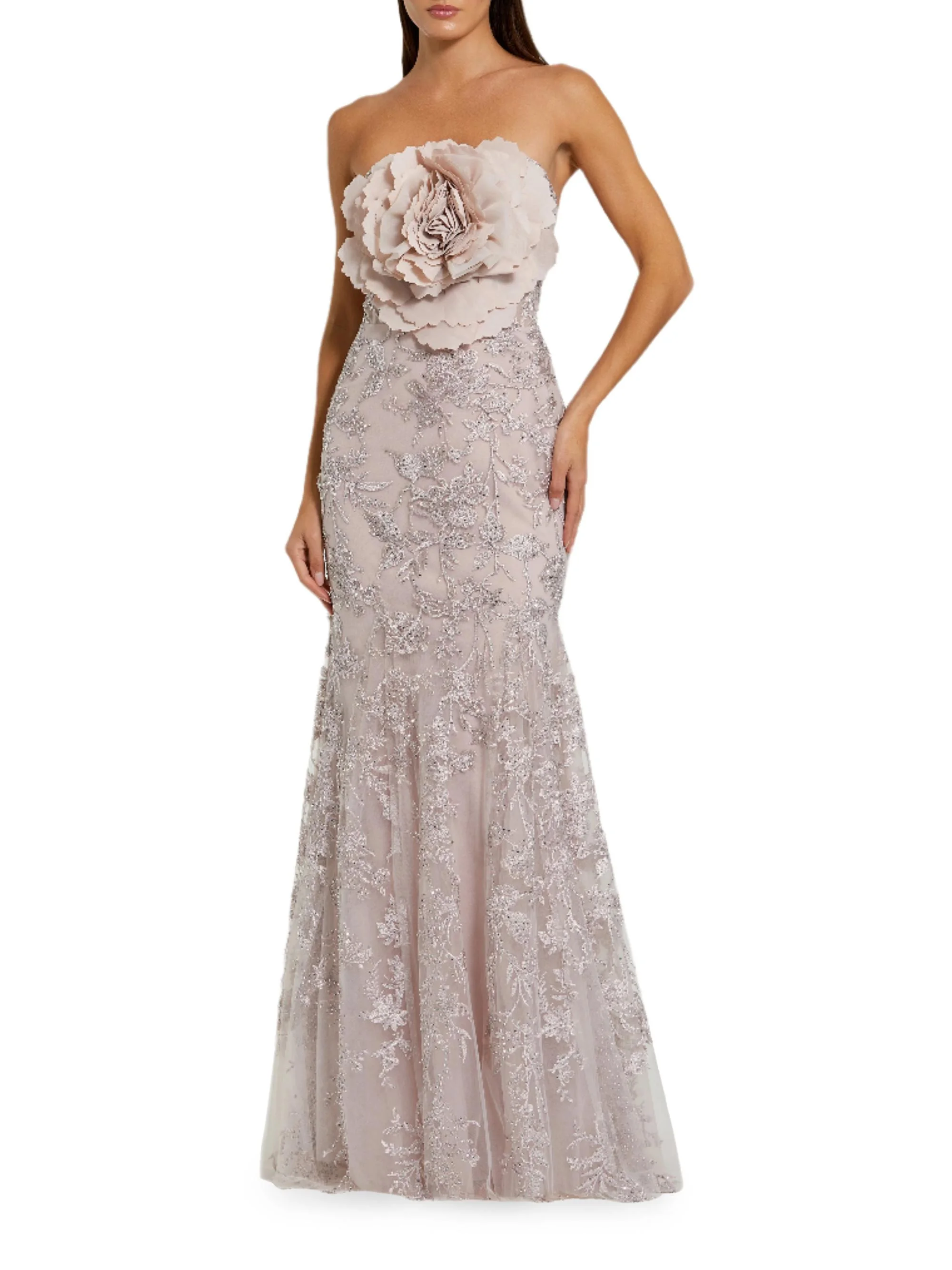 Women's Prom Floral Embellished Strapless Gown - Mocha - 1