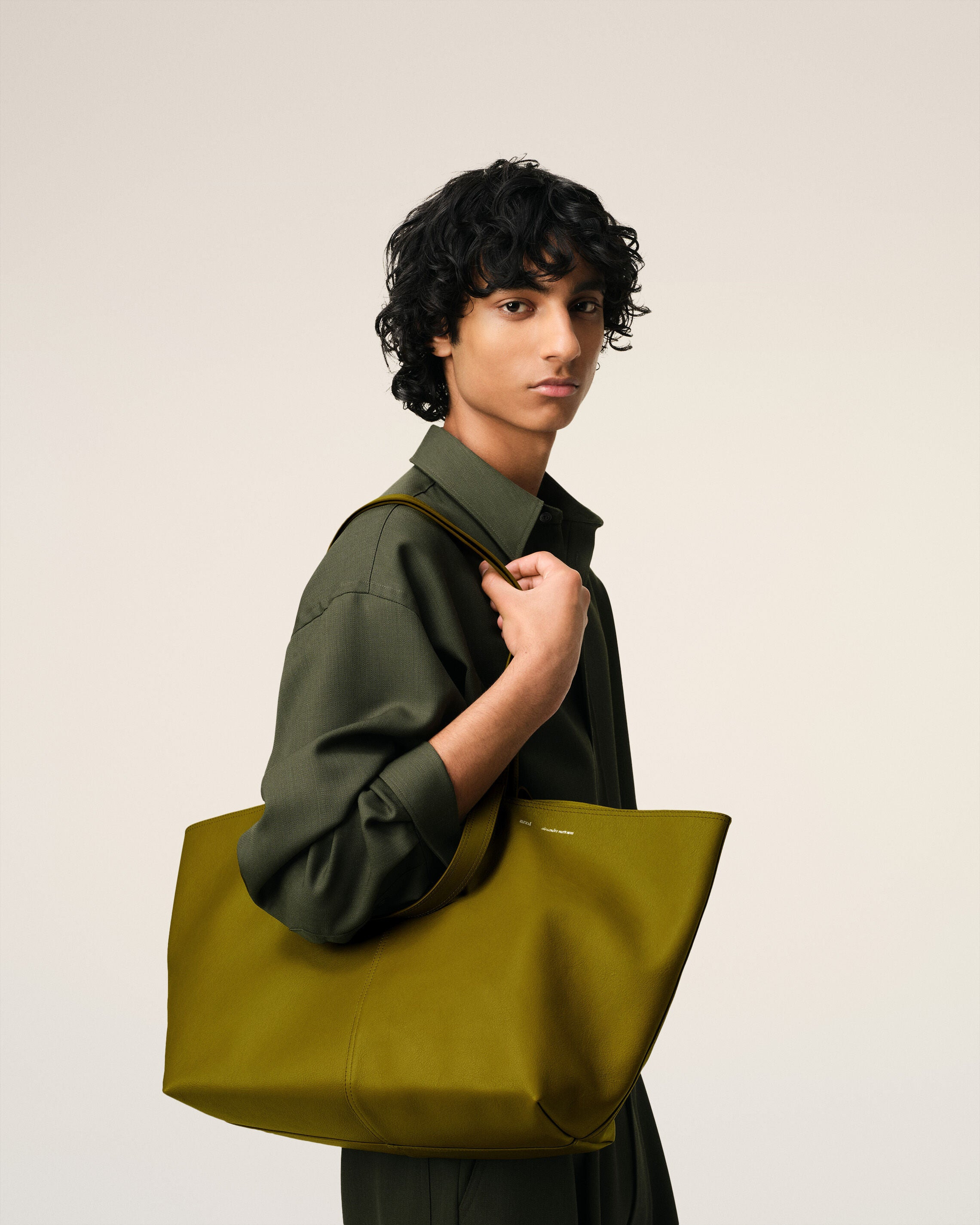 KHAKI LEATHER MIDI TOTE BAG - 6