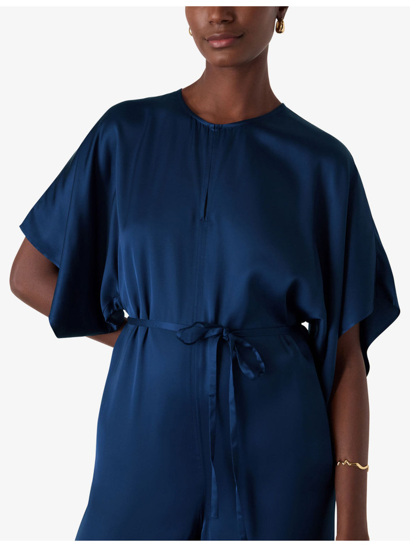 Belted-Waist Short-Sleeve Satin Jumpsuit 4