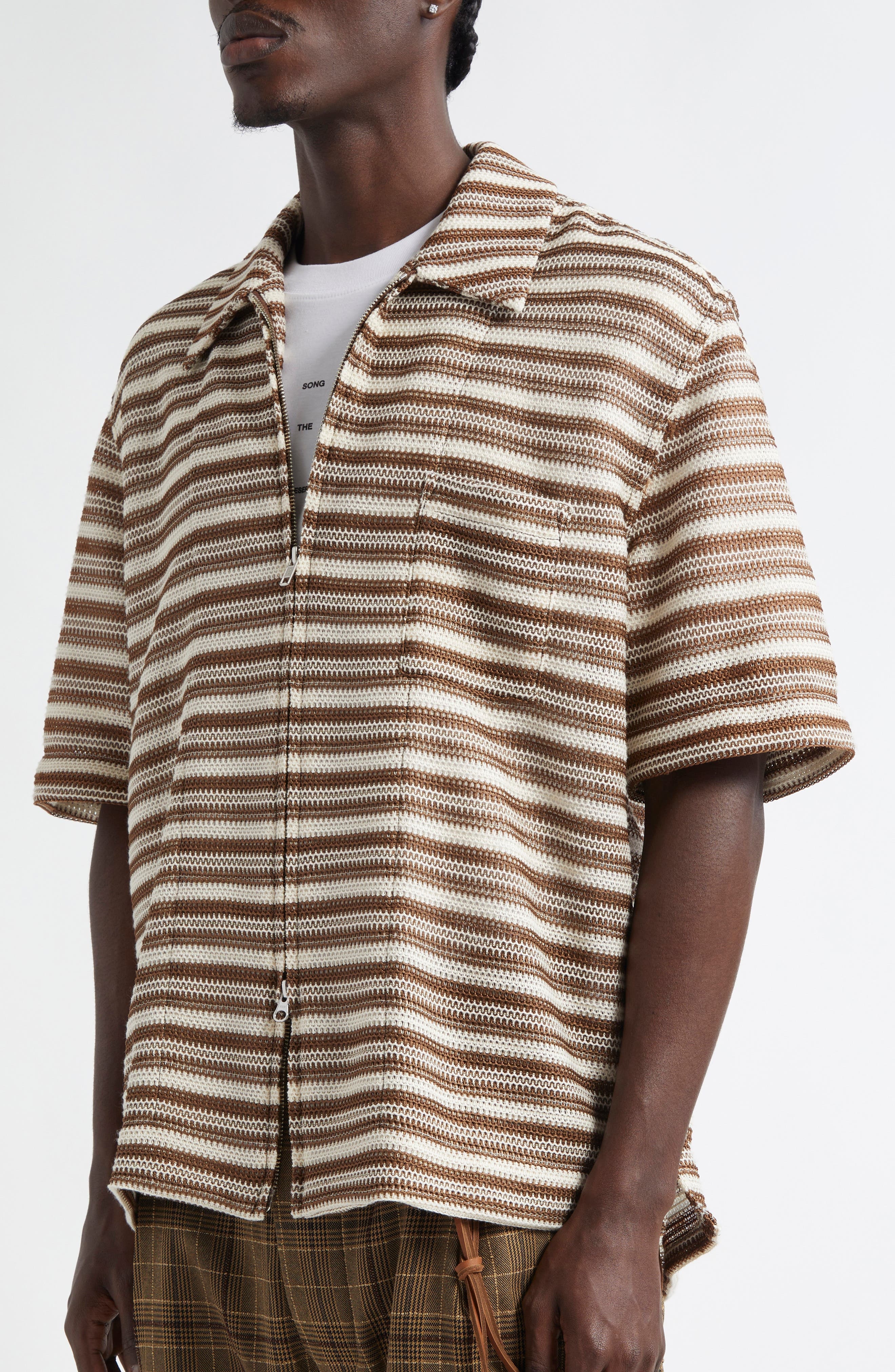 SONG FOR THE MUTE Boxy Stripe Zip Shirt in Brown /Ivory at Nordstrom - 5