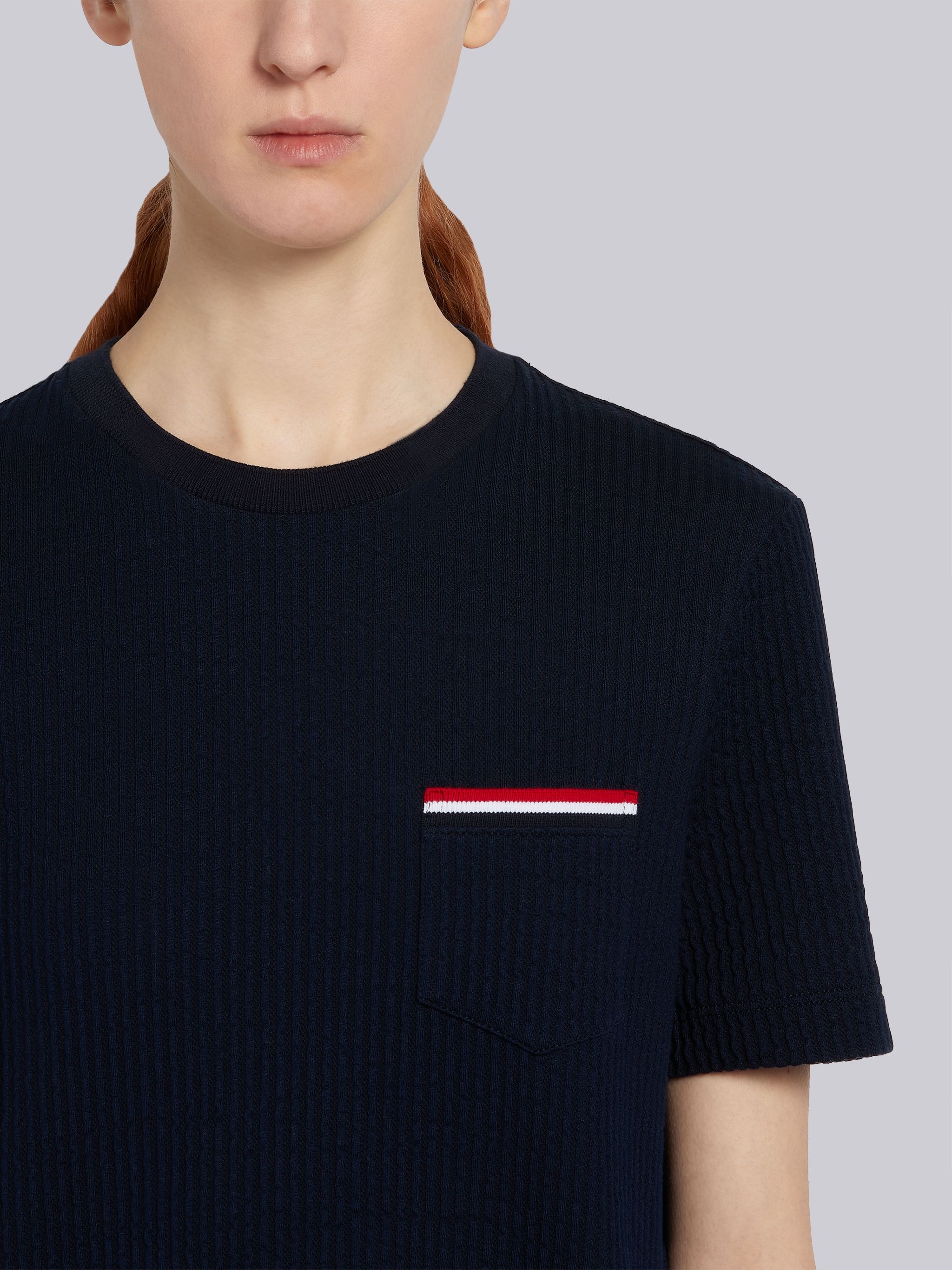 Navy Cotton Seersucker Striped Pocket Short Sleeve Tee - 5