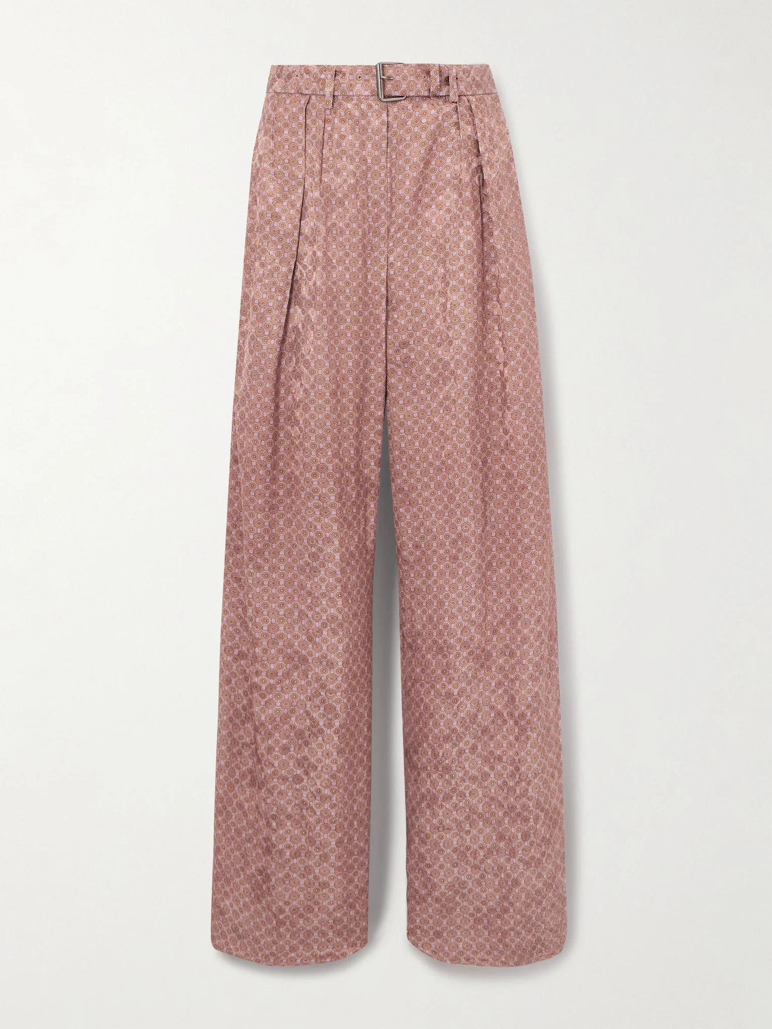 Belted pleated printed satin-jacquard wide-leg pants Peach - 1